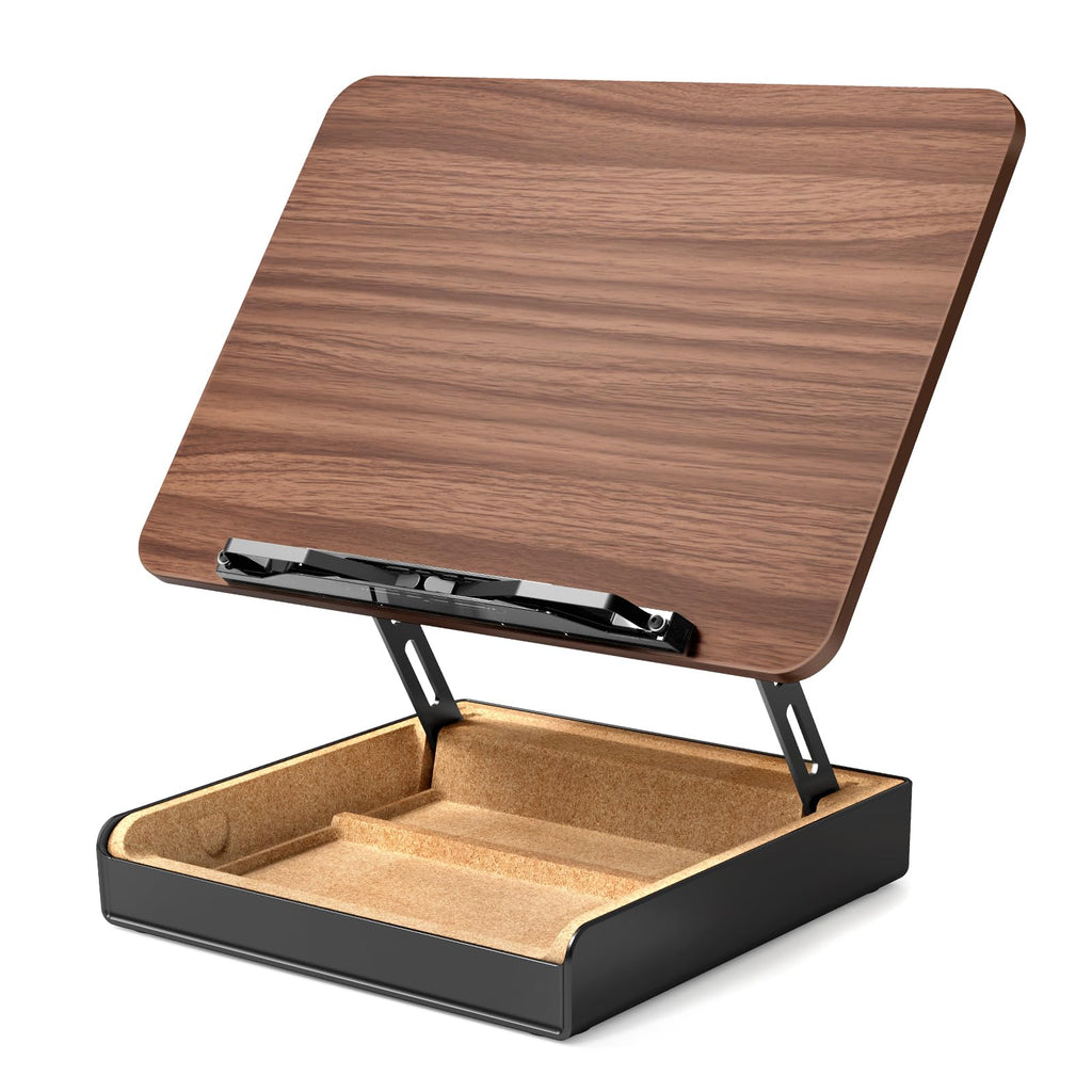 HUMANCOZY Book Stand with Storage, Book Holder for Reading Hands Free, Wooden Cookbook Stand for Kitchen Counter, Adjustable Reading Stand for Desk, Recipe Stand, Book Prop for Book Lovers