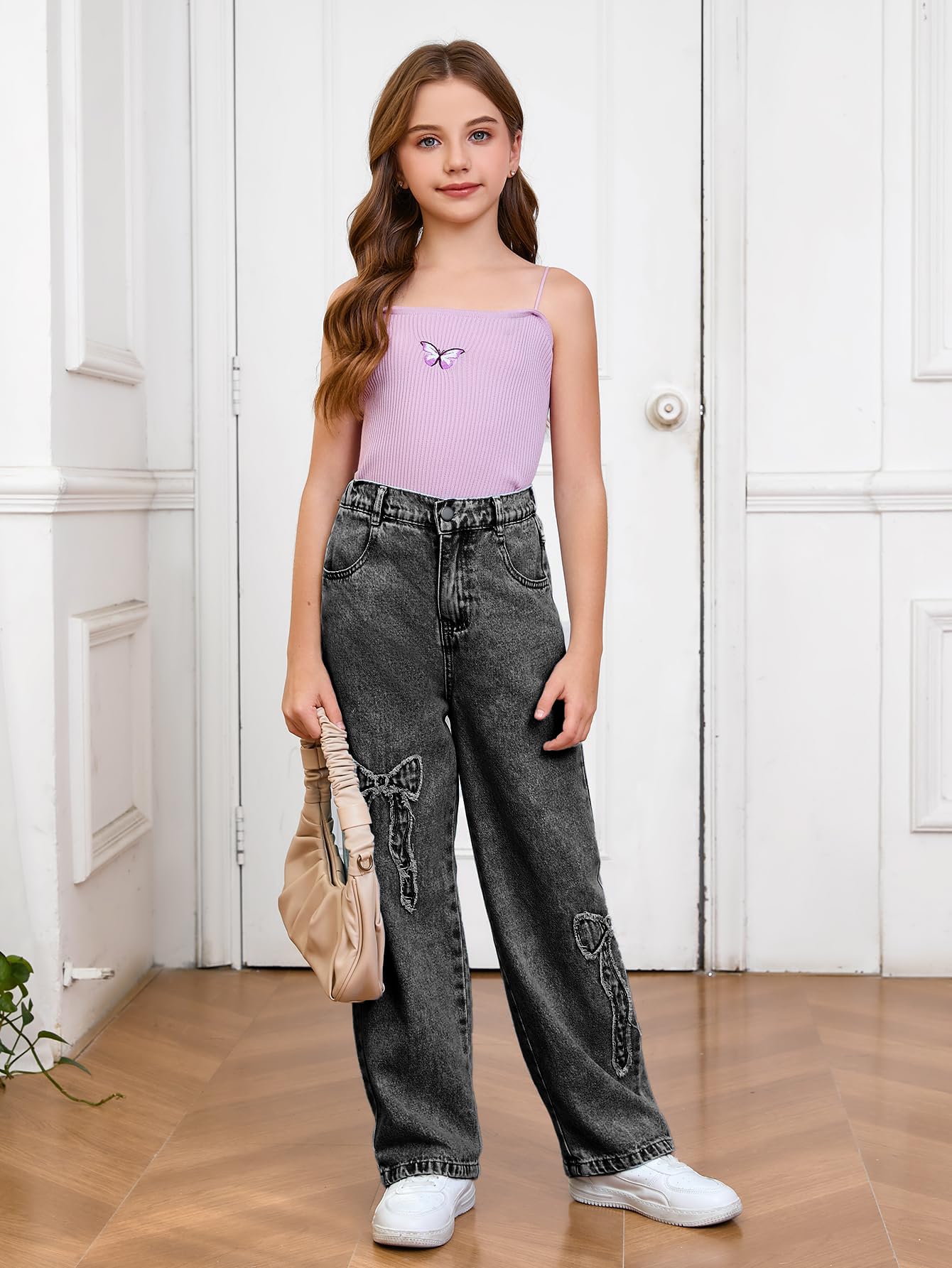 WDIRARA Girl's Bowknot Print Washed Jean Elastic Waist Denim Pants Straight Leg Trousers with Pockets Black 15Y