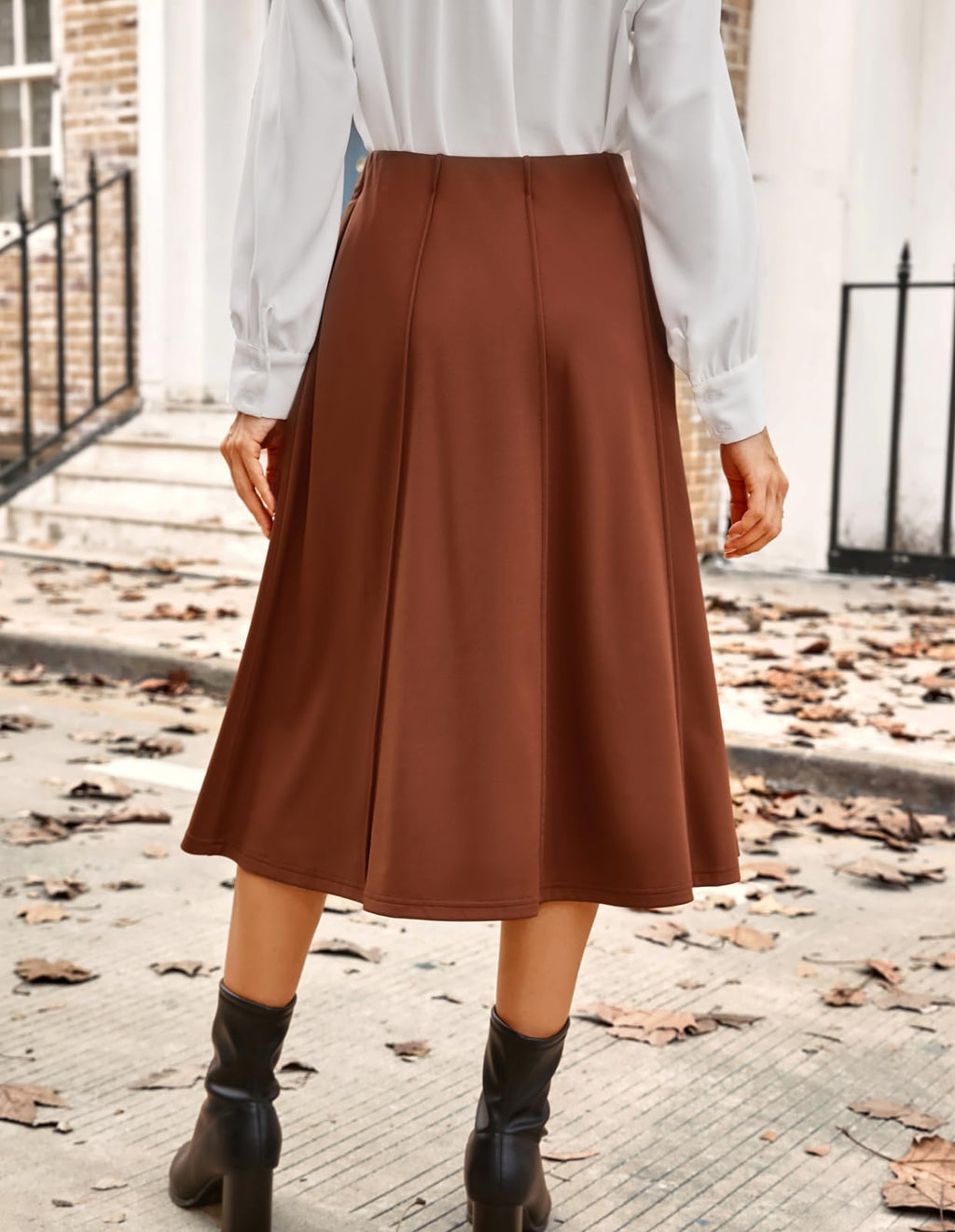 Kate Kasin Women's Long Brown Pleated Midi Skirt Fall Winter 2026 High Waisted Knee Length Flowy A Line Skirts with Pockets