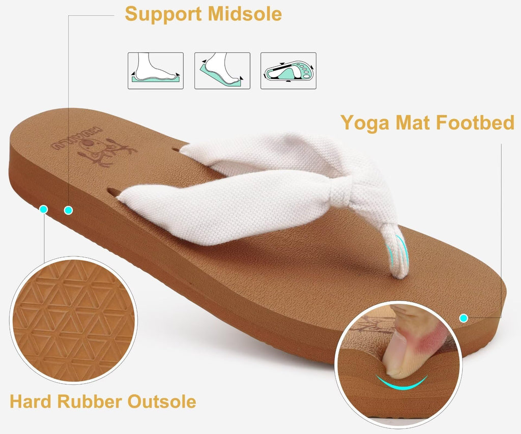 KuaiLu Flip Flops Women Arch Support Yoga Mat Comfortable Summer Beach Walking Thong Cushion Sandals Slip on Outfits Travel Essentials Orthotic Slides Indoor Outdoor Slippers Shoes White Khaki Size 8