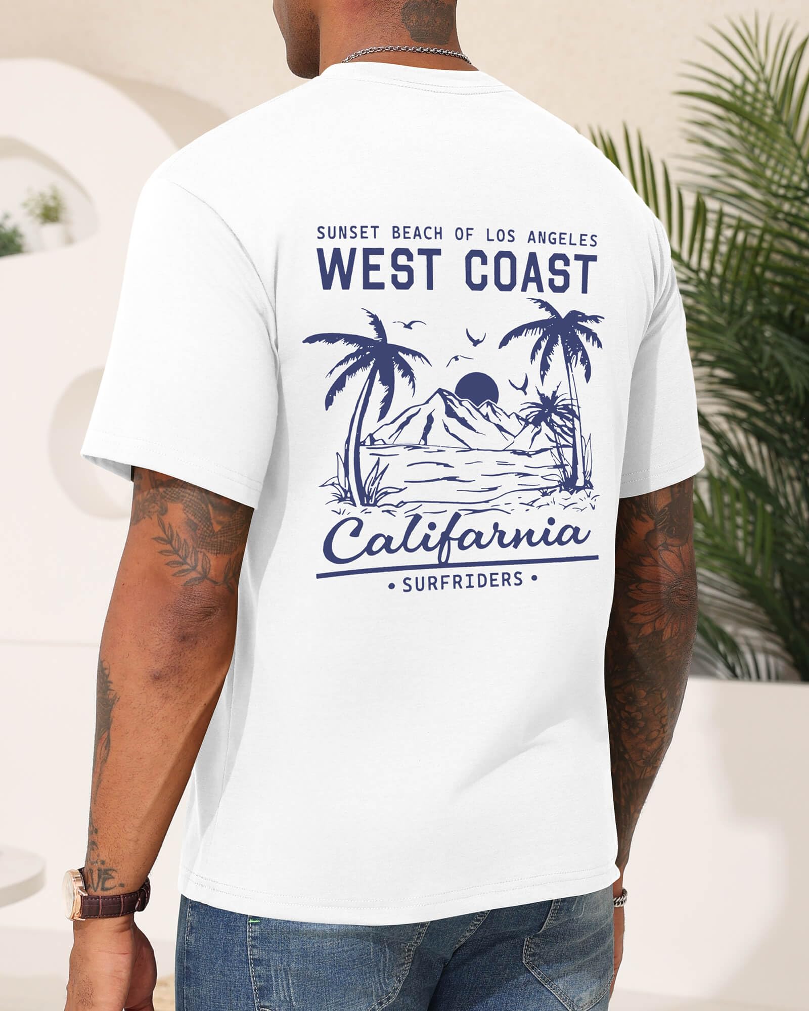 Mens Graphic T-Shirts Short Sleeve WEST Coast Palm Tree Print Summer Top 100% Cotton Casual California Tees for Men White
