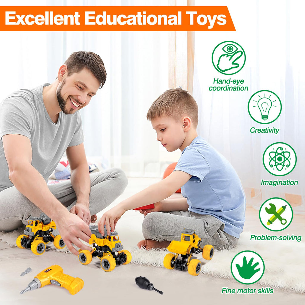 LUDILO 4PCS Take Apart Toys for 4 Year Old Boys Construction Toys with Electric Drill DIY Assembly Building Stem Toys Trucks Gifts for 3 4 5 6 7 8 Year Old Boys Girls Kids Learning Educational Toys