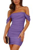 PRETTYGARDEN Cocktail Dresses 2025 Summer Off Shoulder Sexy Bodycon Ruched Mesh Graduation Wedding Guest Mini Short Dress (Dusty Violet,Small)