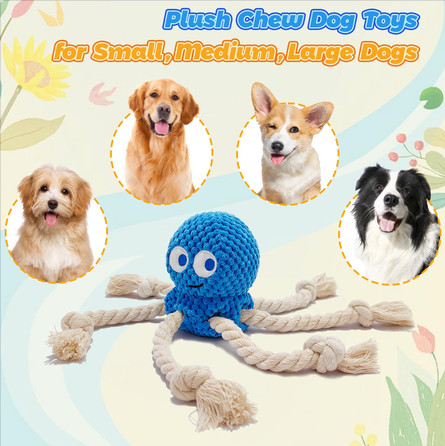4-Pack Squeaky Dog Toys Set Sea Crinkle Plush Toy Rope Toys for Dogs Tug of War Toy & Oral Care Puppy Toys for Small Medium Large Dogs to Keep Them Busy: Stuffed Octopus, Crab,Seahorse,Turtle Pet Toys