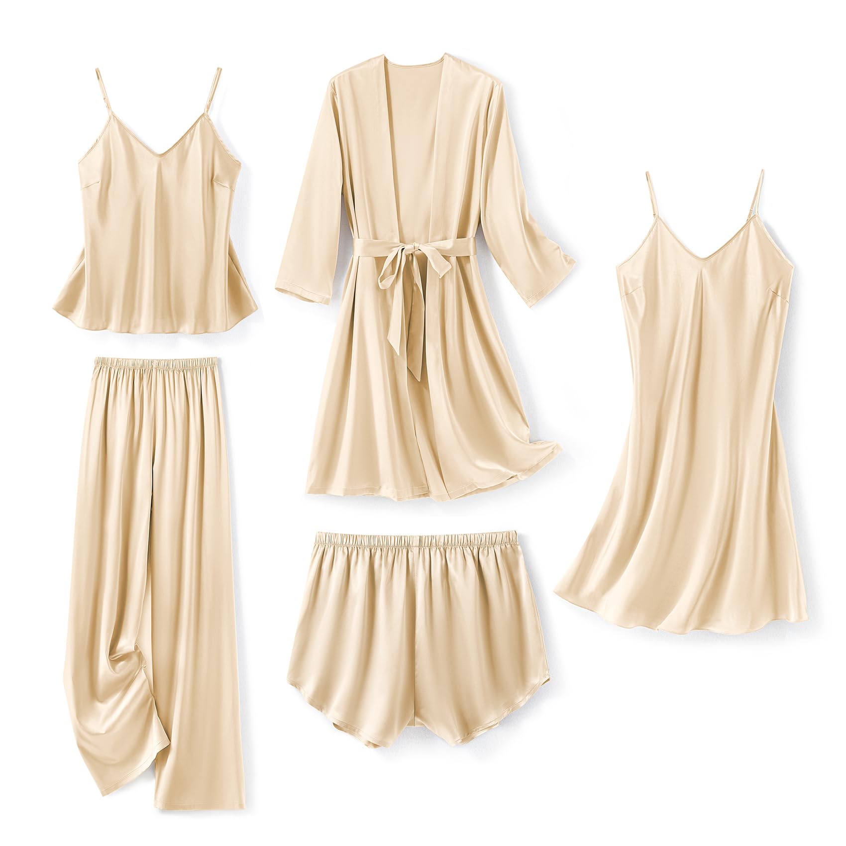 SAPJON Silk Pajamas for Women 5Pcs Sleepwear Loungewear Satin Robe Cami Shorts Pj Set Champagne