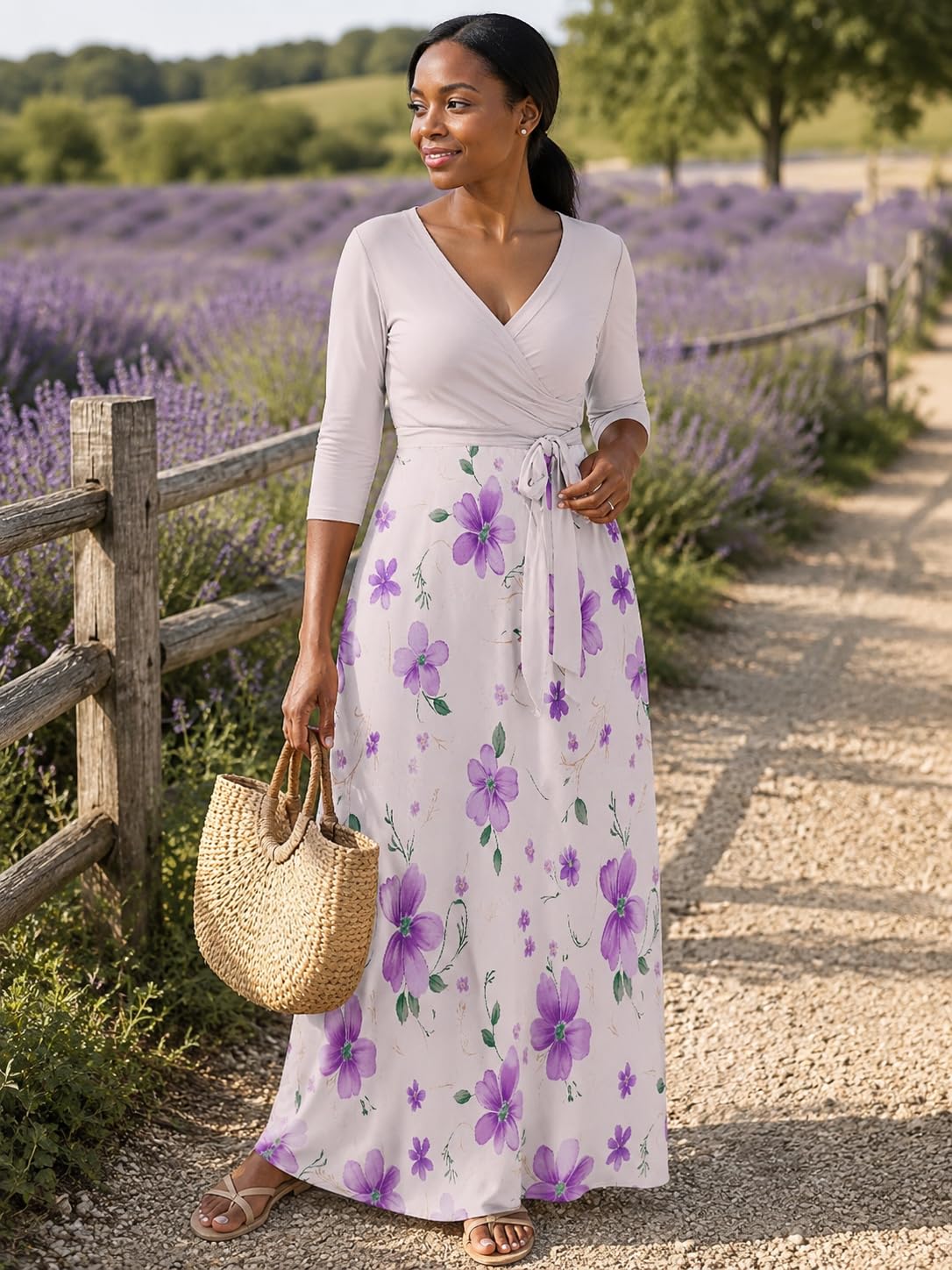 PinkPatty Plus Size Maxi Dress for Women Casual V Neck 3/4 Sleeve Boho Printed Long Dress with Pockets (Floral27 2XL)