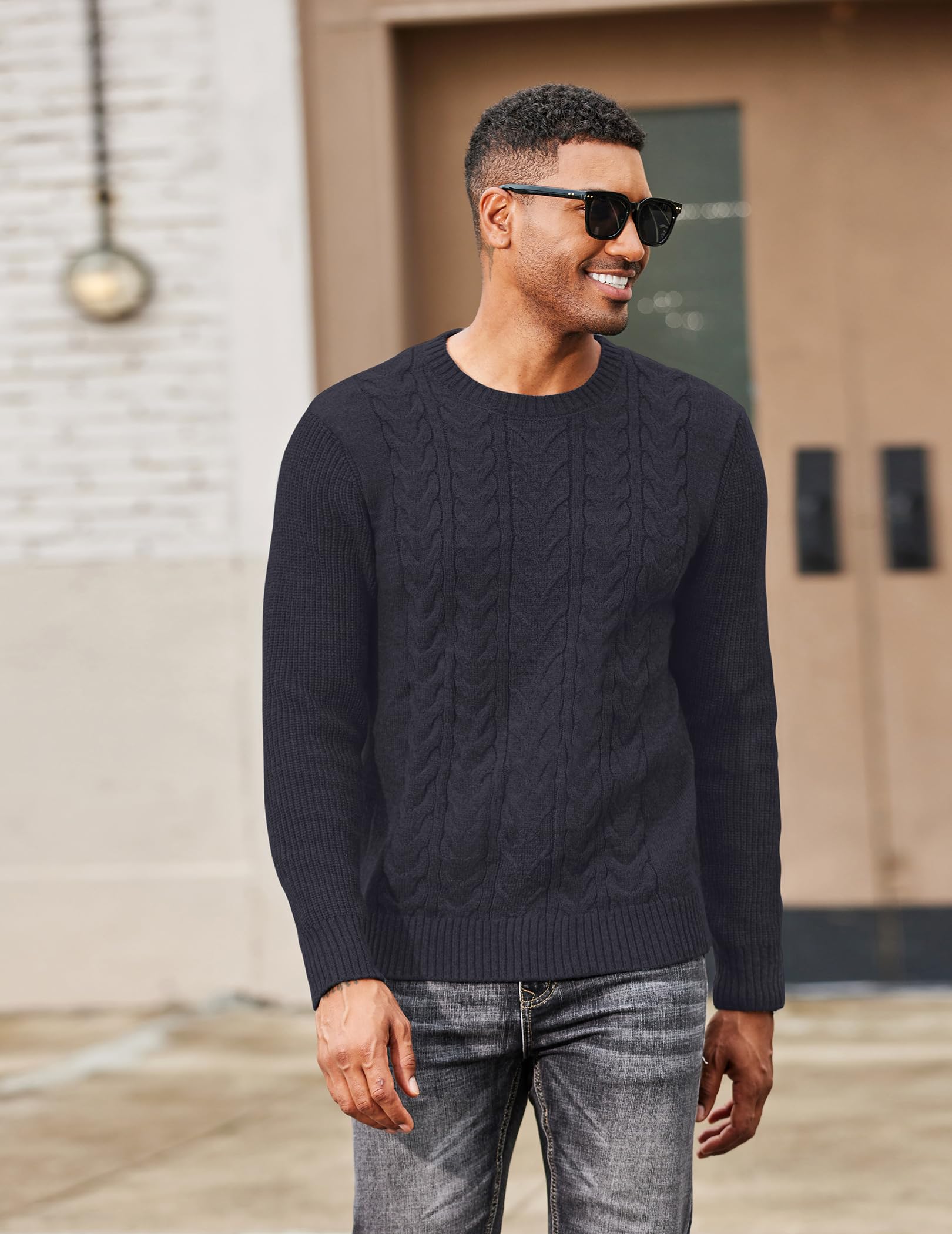 COOFANDY Mens Crewneck Pullover Sweater Classic Ribbed Long Leeve Fitted Chunky Knit Sweaters, Navy Blue, XX-Large