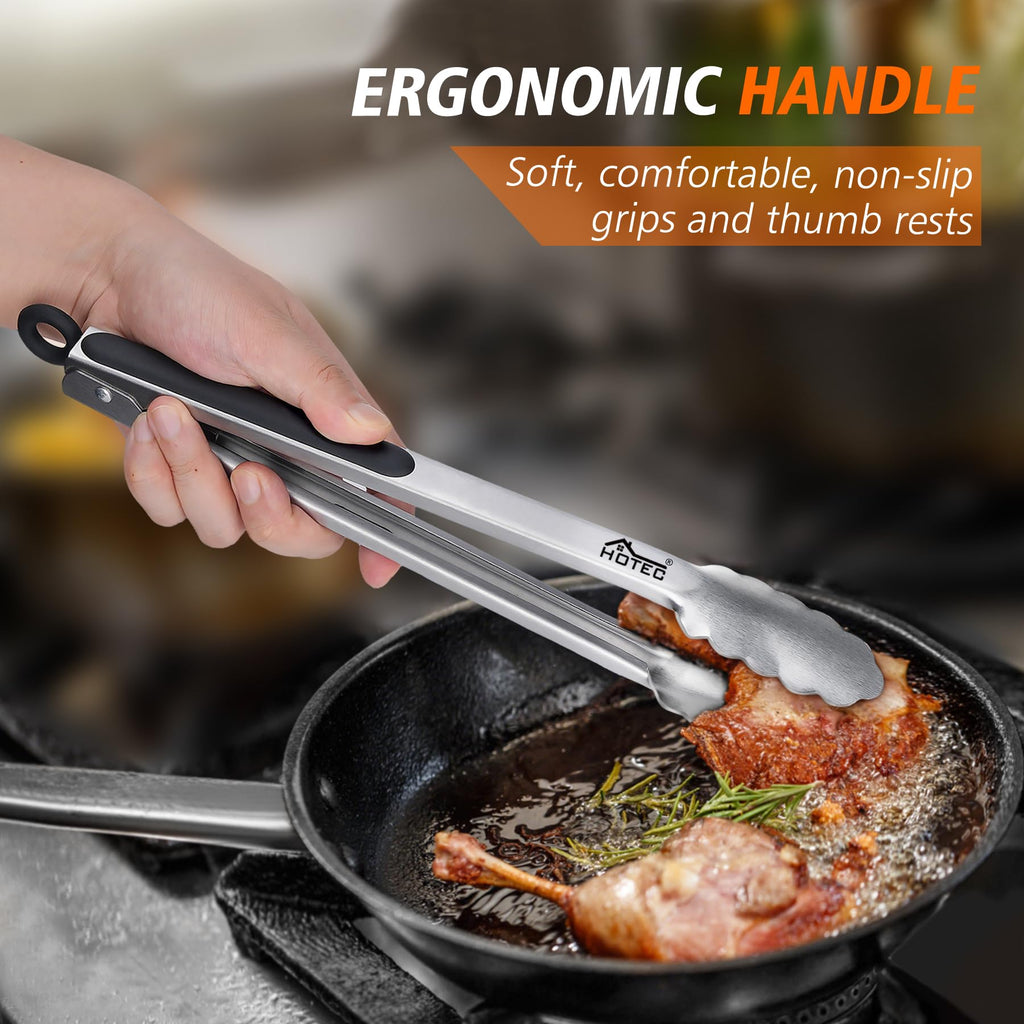 Hotec Stainless Steel Kitchen Tongs, Set of 2-9" and 12", Locking Metal Food Tongs for Cooking, Serving, BBQ, Grill Non-Slip Grip