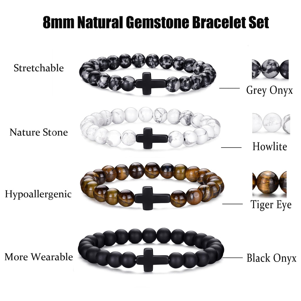 RANKEEF Mens Bracelets 8MM Natural Stone Beads Bracelet Set Stretch Adjustable Beaded Bracelets for Men