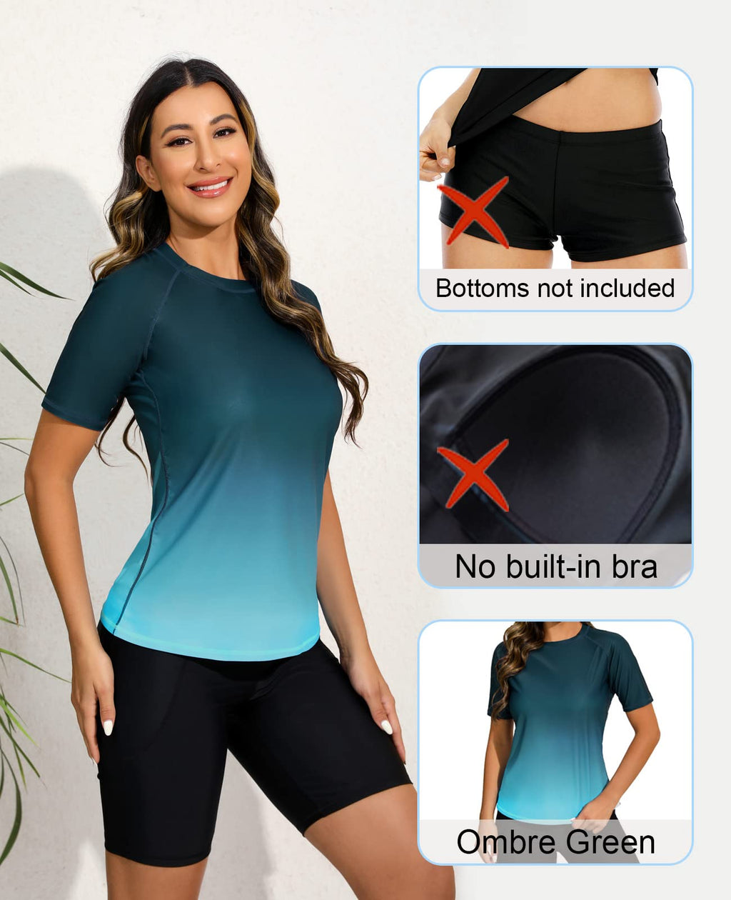 Halcurt Women's Short Sleeve Swim Shirt Rash Guard Swimsuit Top Only UPF50+ Sun Protection Bathing Suit Ombre Green M