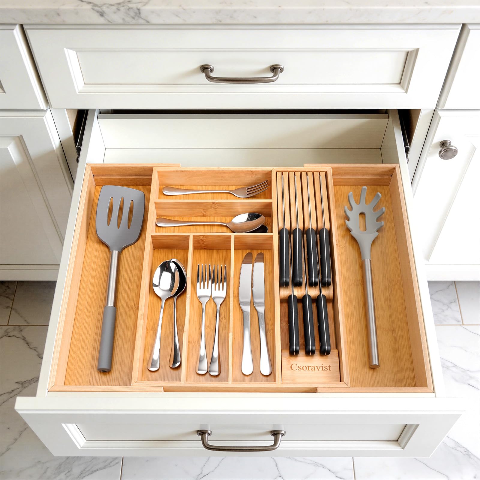 Csoravist 9-Piece Bamboo Kitchen Drawer Organizer Set, Expandable Silverware &Utensil Organizer with Removable Knife Block & Steak Knives, Flatware Organization, Tableware Dividers Storage(Natural)