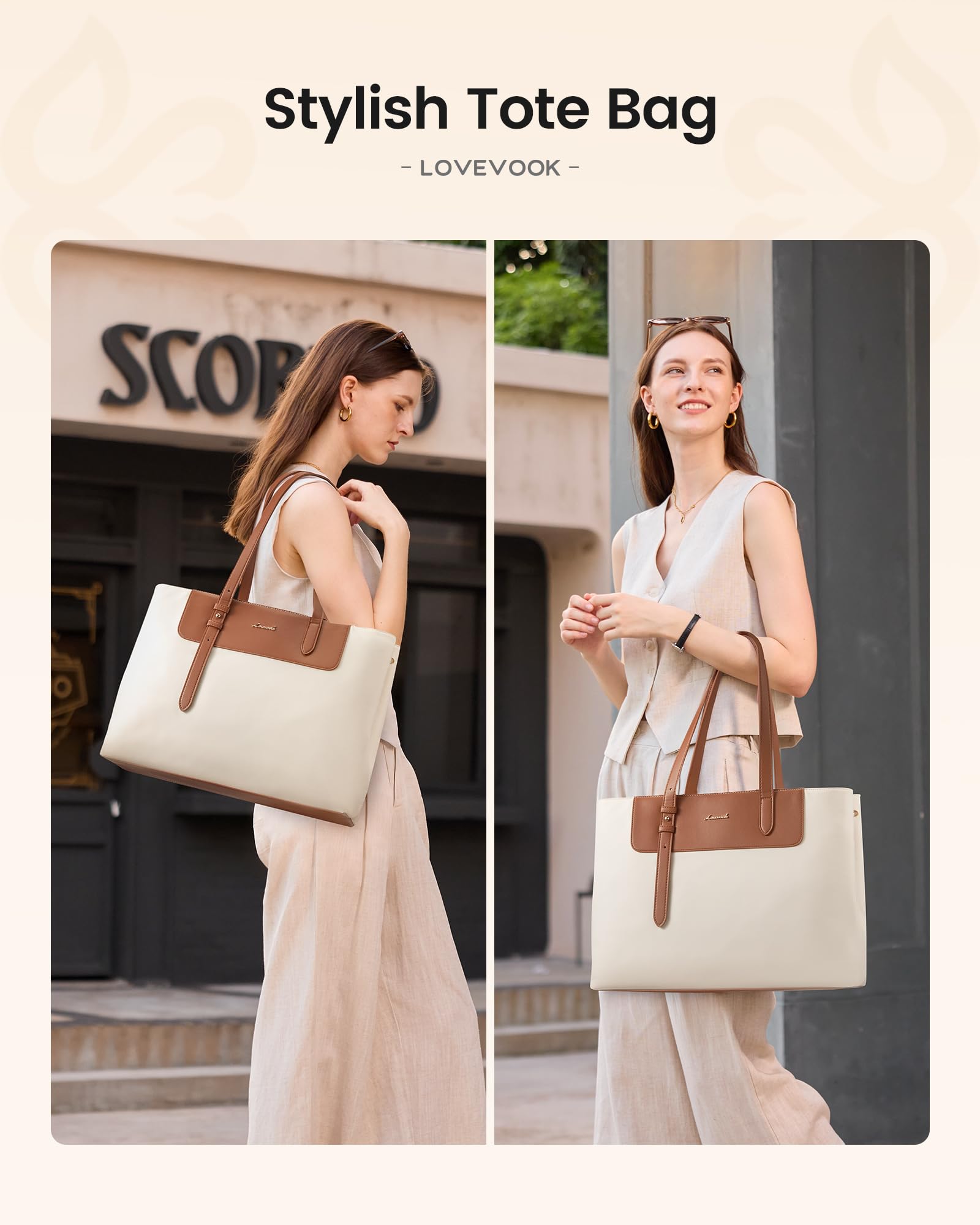 LOVEVOOK Laptop Tote Bag for Women 15.6 Inch, Water-Resistant Work Tote Bag Large Capacity Computer Bag Briefcase Handbag for Office Business Travel Teacher Nurse, Nylon & PU, Brown