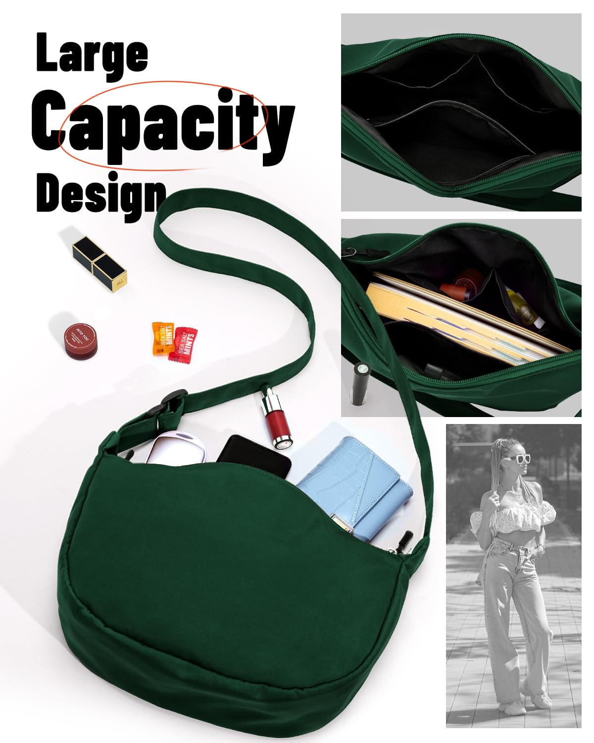 Crossbody Sling Bag for Women Men Trendy, Crescent Bag with Adjustable Strap, 2 Zippers Lightweight Nylon
