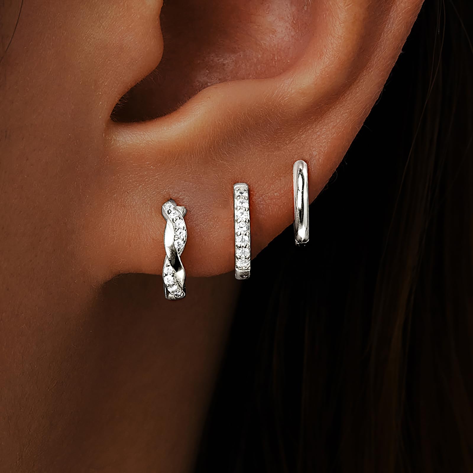 Inerney 925 Sterling Silver Huggie Hoop Earrings Set for Women, Dainty Small Cartilage Hoops Hypoallergenic Jewelry for Multiple Piercings, Trendy Twisted Mini Earring Stacks Gift for Sensitive Ears