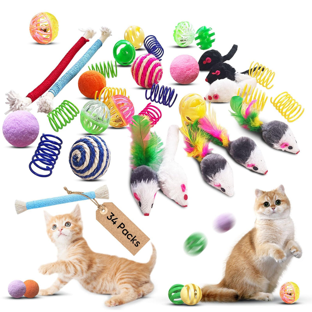 YULOYI Cat Toys for Indoor Cats, 34 Packs Interactive Cat Toy Set with Colorful Springs Toys, Mouse Toy, Catnip Ropes, Balls, Bells, and Sisal Ball for Kittens