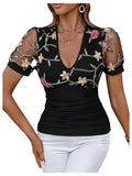 WDIRARA Women's Floral Embroidery Deep V Neck Mesh Short Sleeve Top Ruched Slim Fit Tee Black X-Large