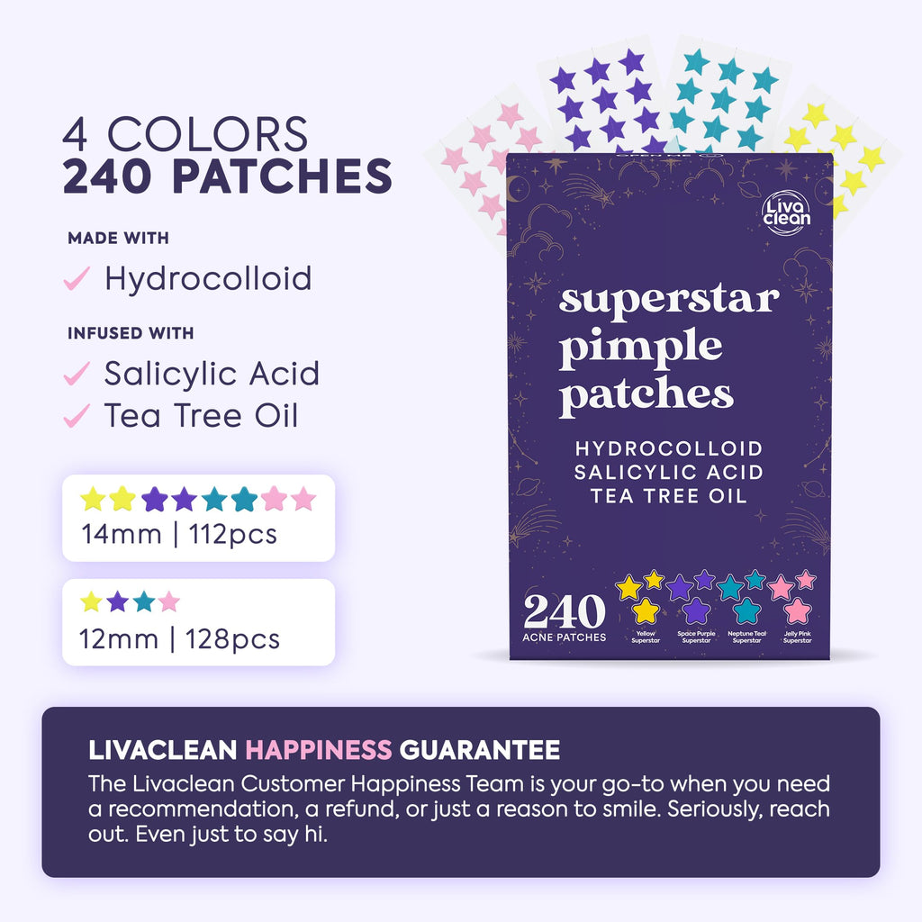 Livaclean Star Pimple Patches for Face w/ Hydrocolloid, Tea Tree oil & Salicylic Acid - Zit Stickers, Hydrocolloid Acne Patches for Face - Cute Pimple Patch, Acne Stickers