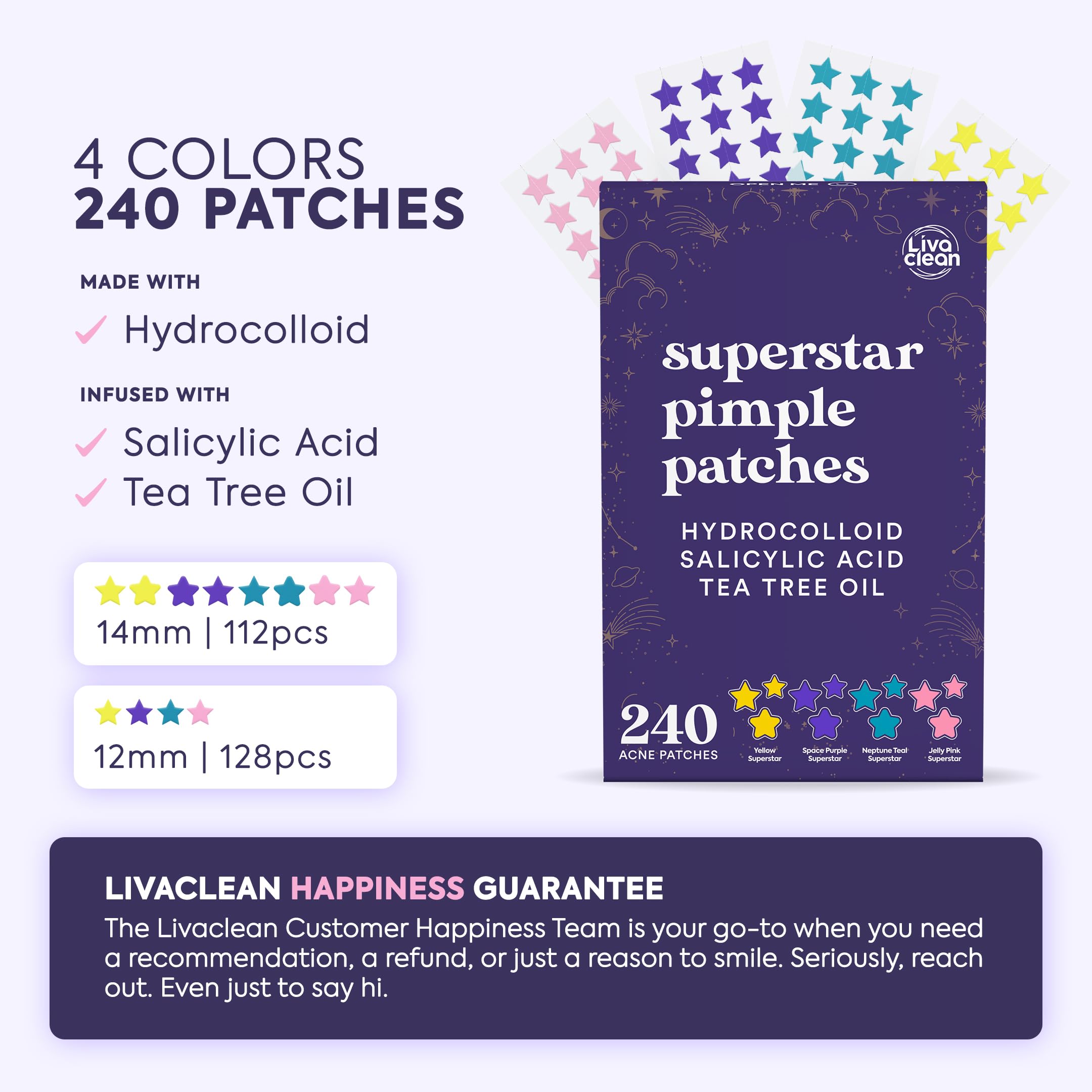 Livaclean Star Pimple Patches for Face w/ Hydrocolloid, Tea Tree oil & Salicylic Acid - Zit Stickers, Hydrocolloid Acne Patches for Face - Cute Pimple Patch, Acne Stickers