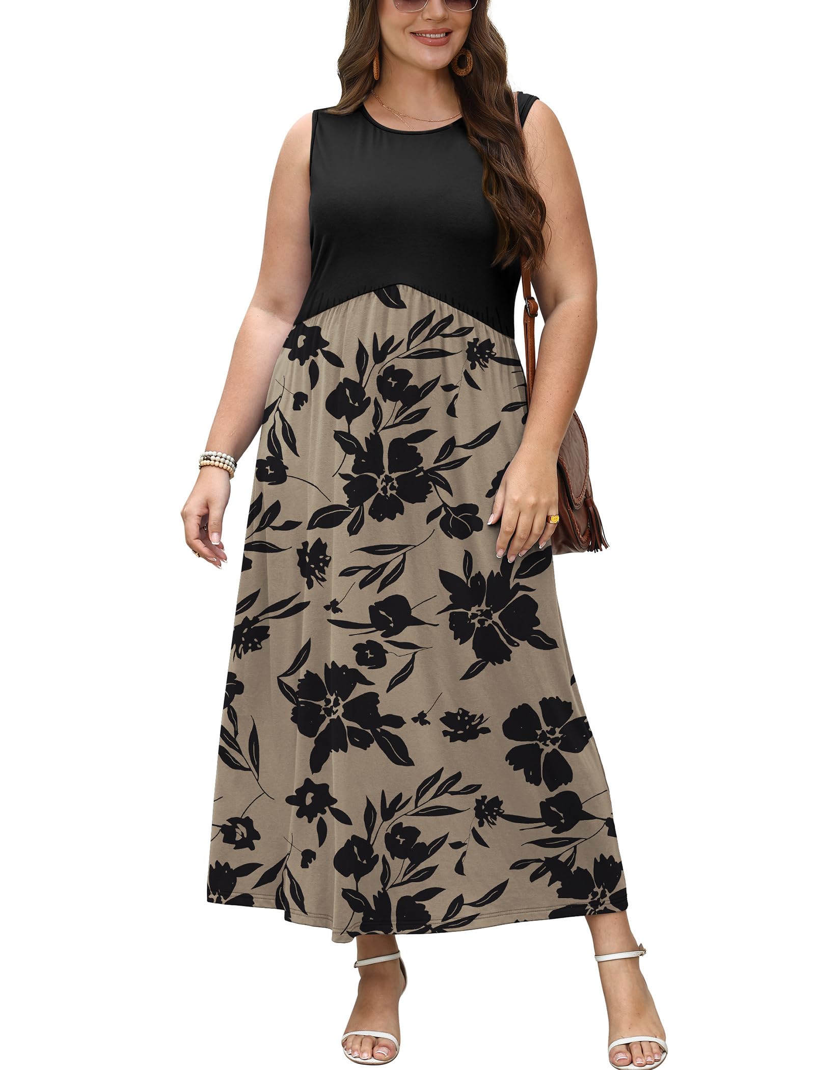 Spring Dresses for Women Maxi Summer Dresses Flowy Floral Tank Dress Long Sleeveless Sundresses with Pockets 2026 Beach Vacation Travel Clothes Airport Outfits L