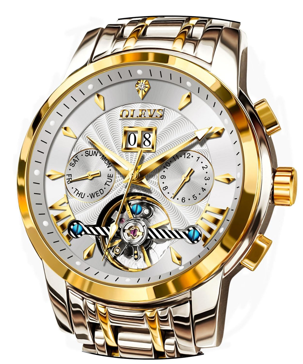 OLEVS Men Automatic Watch Luxury Classic Mechanical Skeleton Waterproof Luminous Stainless Steel Date Calendar Two Tone Wrist Watches