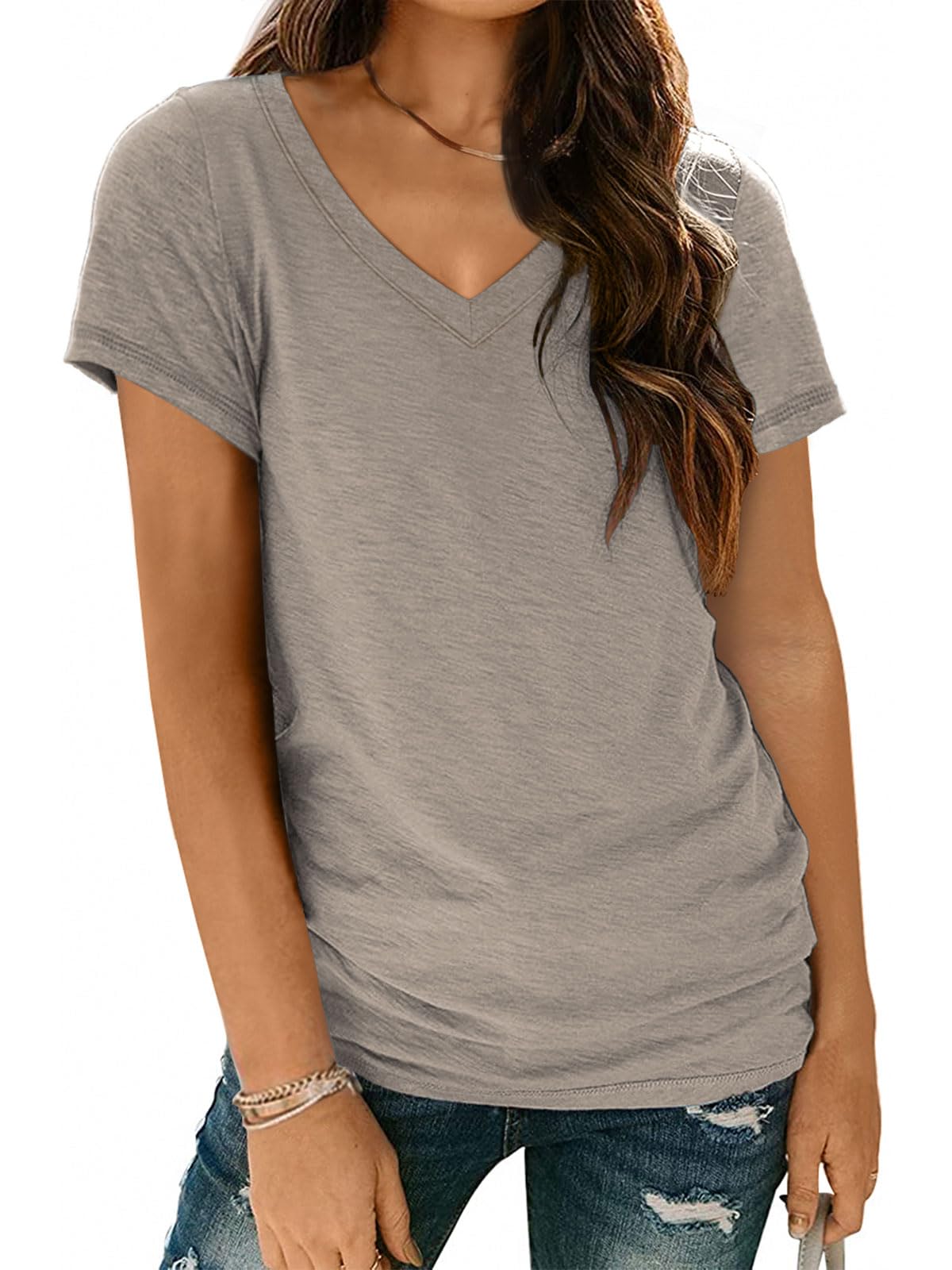 AUTOMET T-Shirts Short Sleeve V Neck Tees Tops for Women Fashion Trendy Lightweight Soft Casual Summer Outfits Clothes 2026 CoffeGrey XL