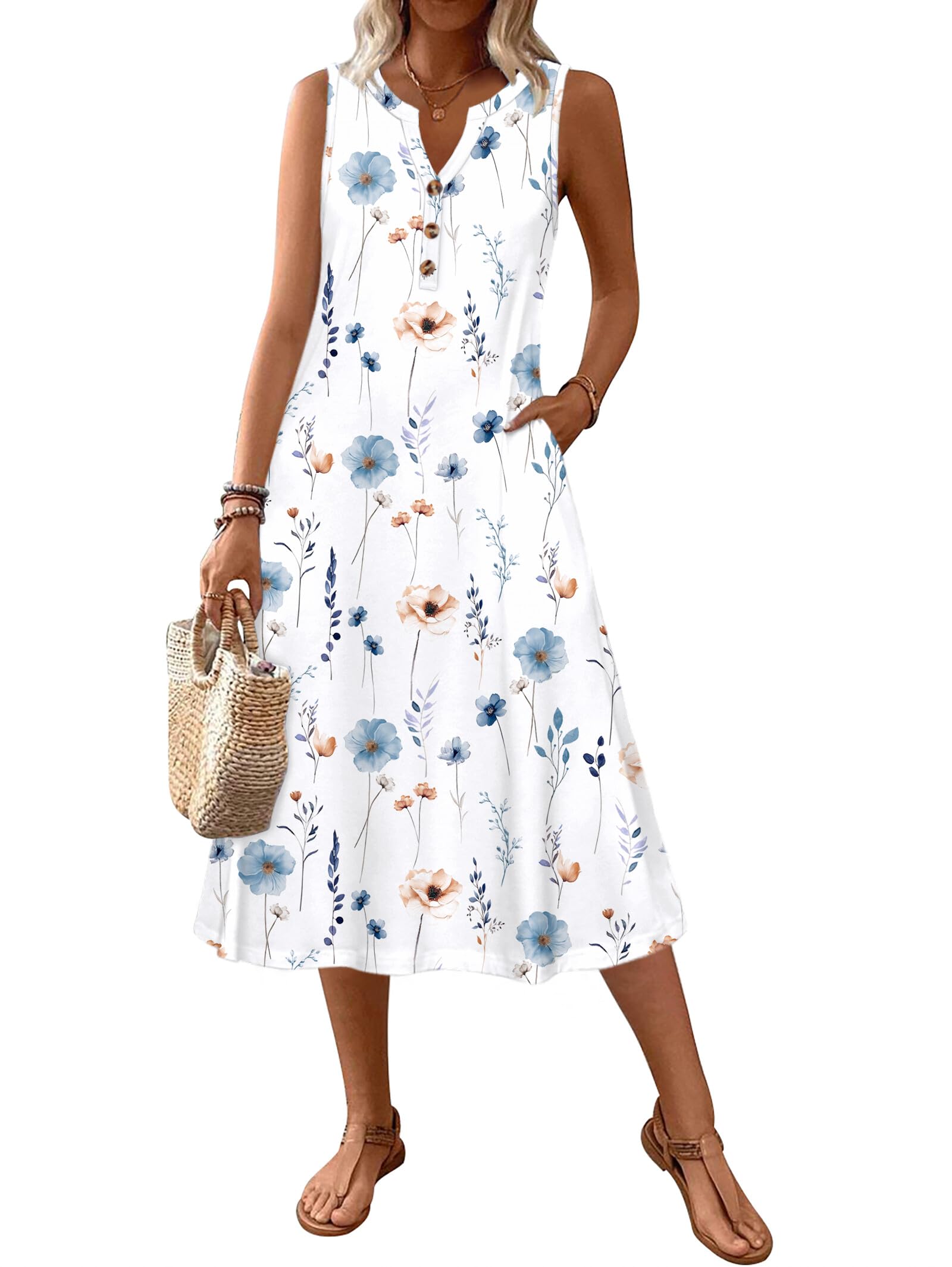 Zeagoo Summer Dresses for Women 2026 Aline Dress Sleeveless V Neck Tank Flowy Midi Summer Bohemian Resort Vacation Cruise Beach Cute Loose Trendy Dress with Pockets White Floral