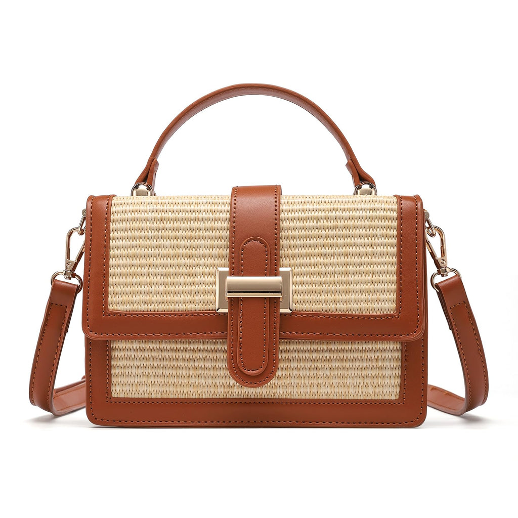 Straw Crossbody Bag for Women, Vegan Leather Patchwork Summer Purse with Top Handle, Small Woven Shoulder Handbag for Beach Vacation, Wedding, or Casual Daily Use