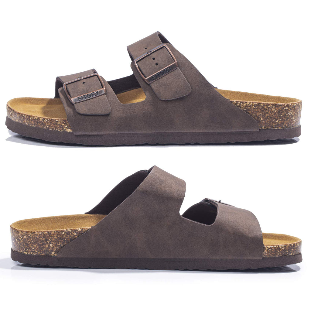 FITORY Mens Sandals, Arch Support Slides with Adjustable Buckle Straps and Cork Footbed Brown Size 10