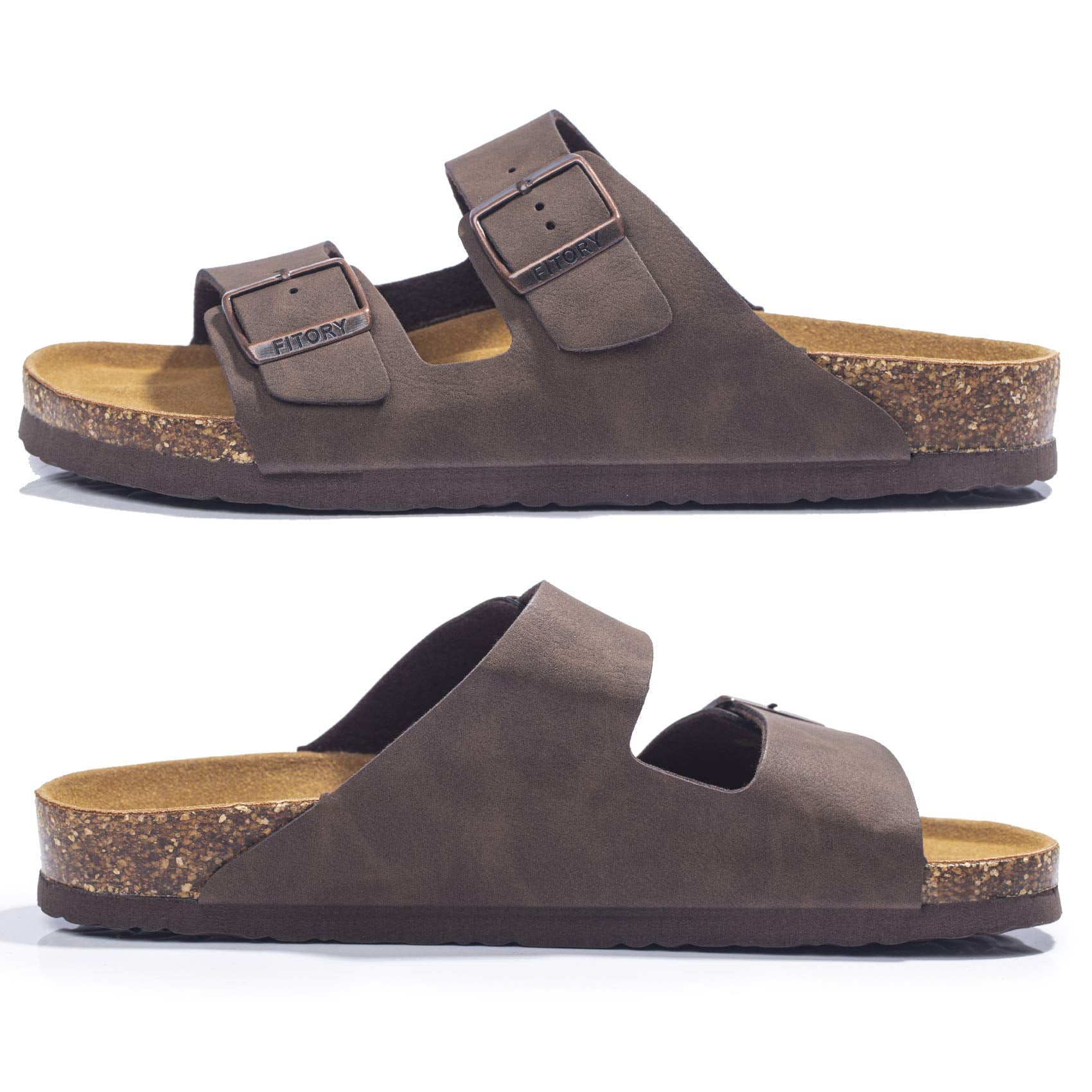 FITORY Mens Sandals, Arch Support Slides with Adjustable Buckle Straps and Cork Footbed Brown Size 10