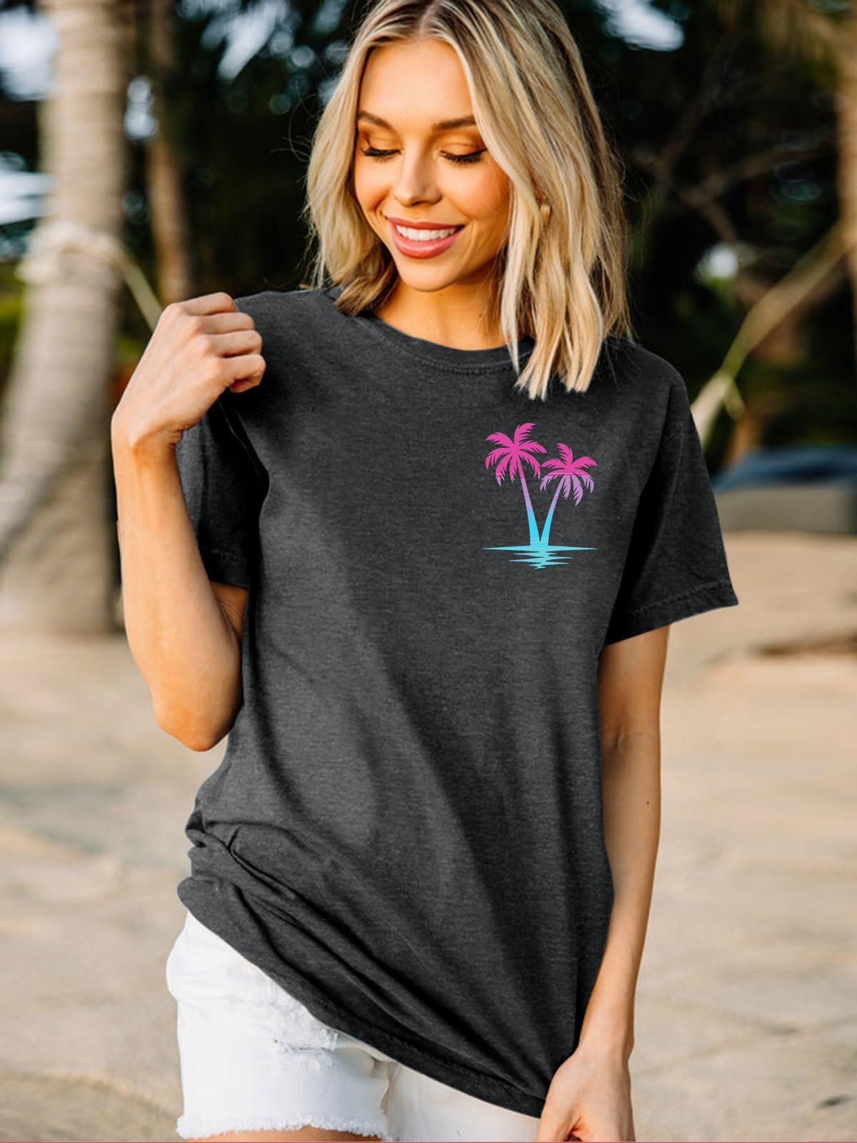 OCURHU Beach Shirts for Women Retro Sunset Palm Tree Graphic Tee Loose Casual Summer Beach Party Blouse Dark Grey XL