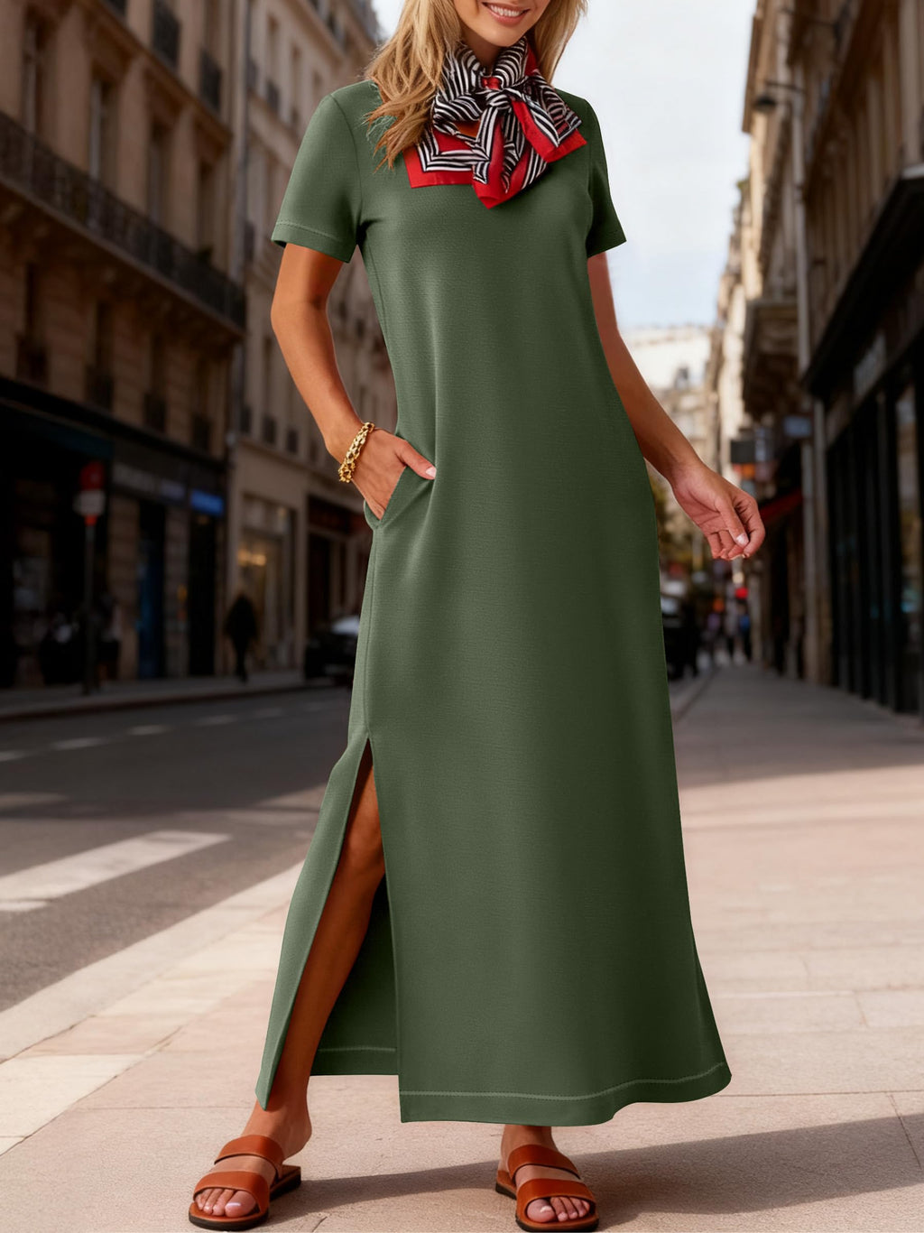 ANRABESS Womens Summer Casual Maxi Dress Short Sleeve Crewneck Split Wrinkle-Free Travel Long Sundress Beach Vacation Clothes Army Green Large
