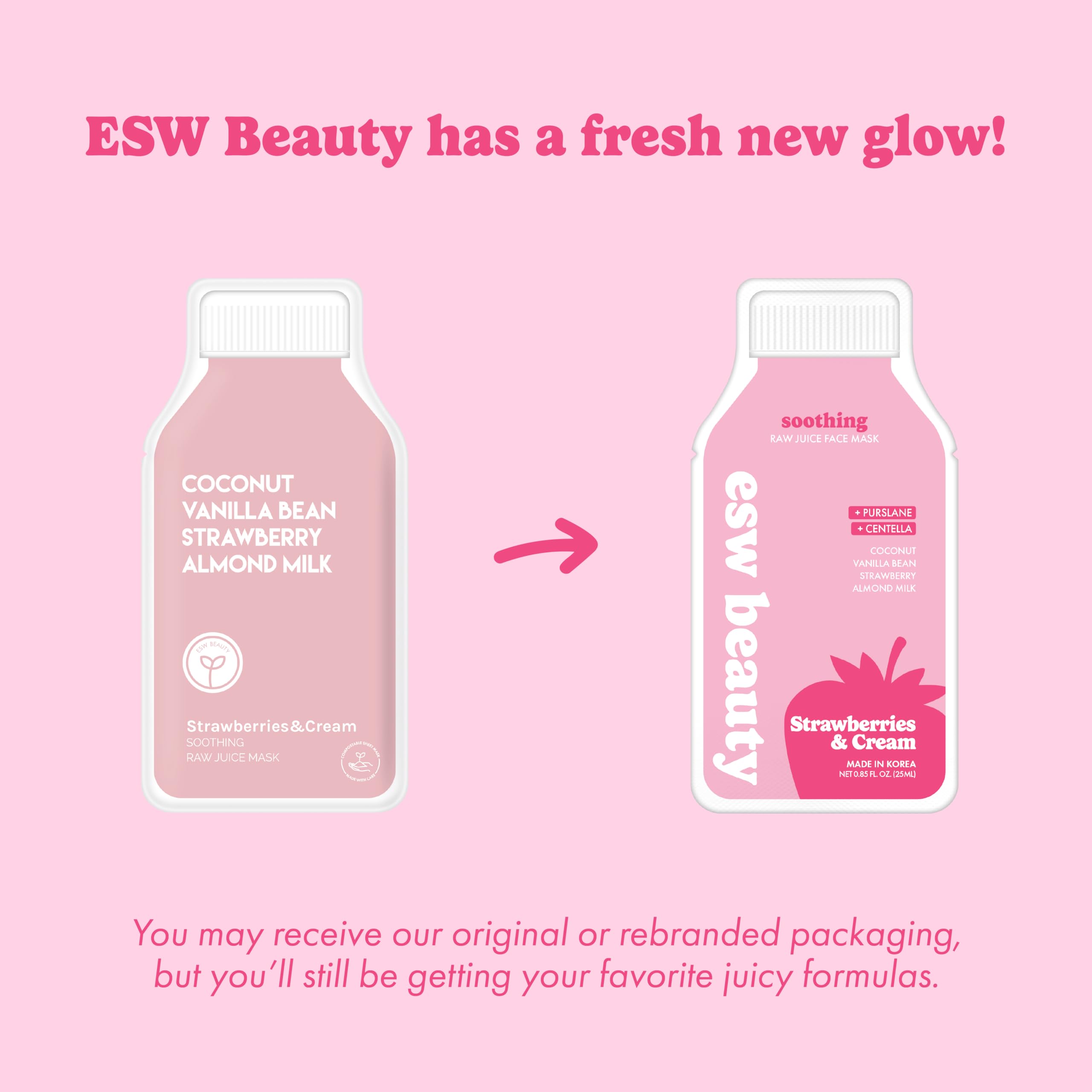 ESW Beauty Strawberries & Cream Sheet Mask - Raw Juice Hydrating Face Mask - Calming with Coconut, Vanilla Bean, Almond Milk & Strawberry for Sensitive Skin - Reduces Redness & Nourishes