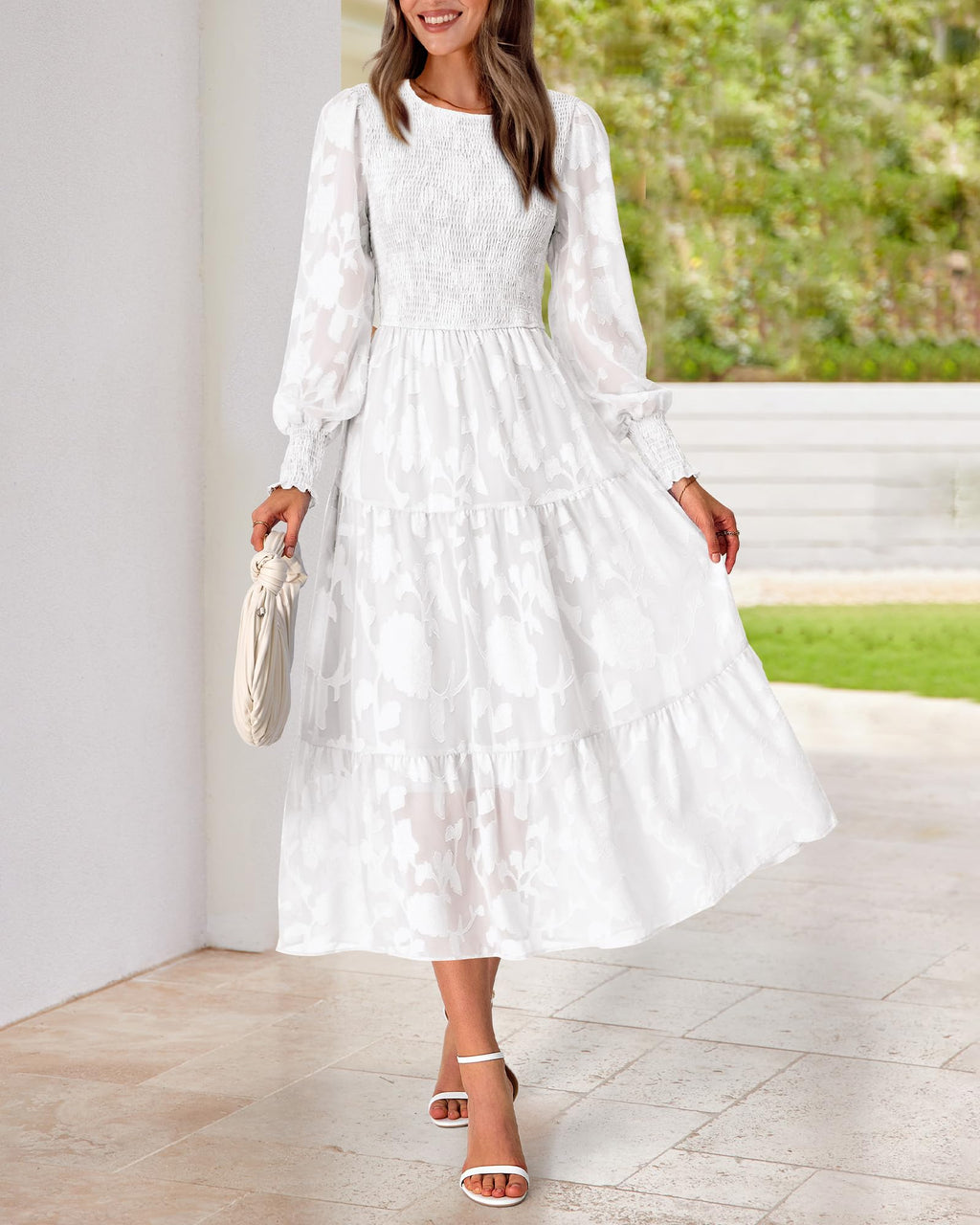BTFBM Wedding Guest Dresses for Women Fall Fashion 2025 Casual Long Sleeve Floral Maxi Boho Homecoming Dress(White,Medium)