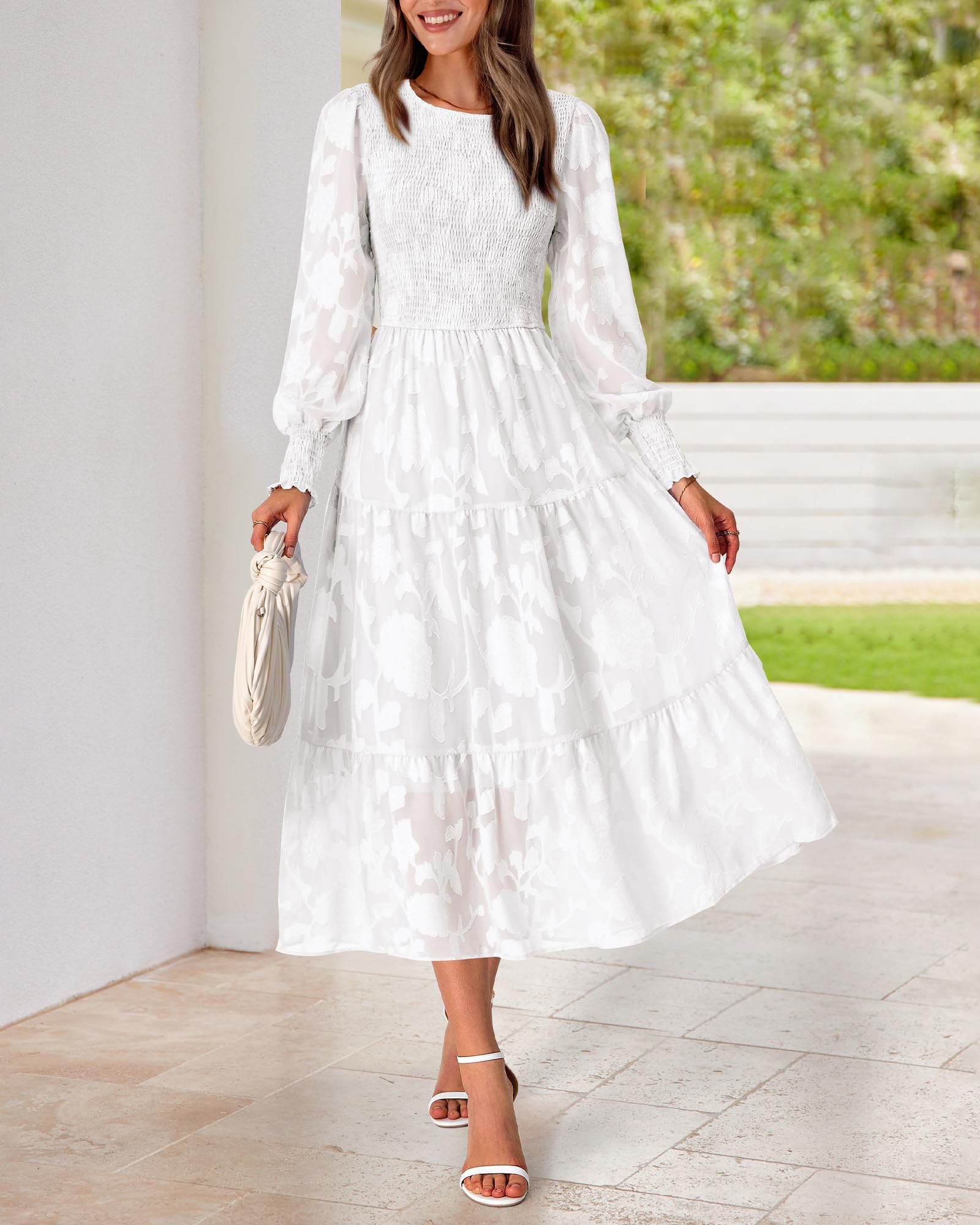 BTFBM Wedding Guest Dresses for Women Fall Fashion 2025 Casual Long Sleeve Floral Maxi Boho Homecoming Dress(White,Medium)