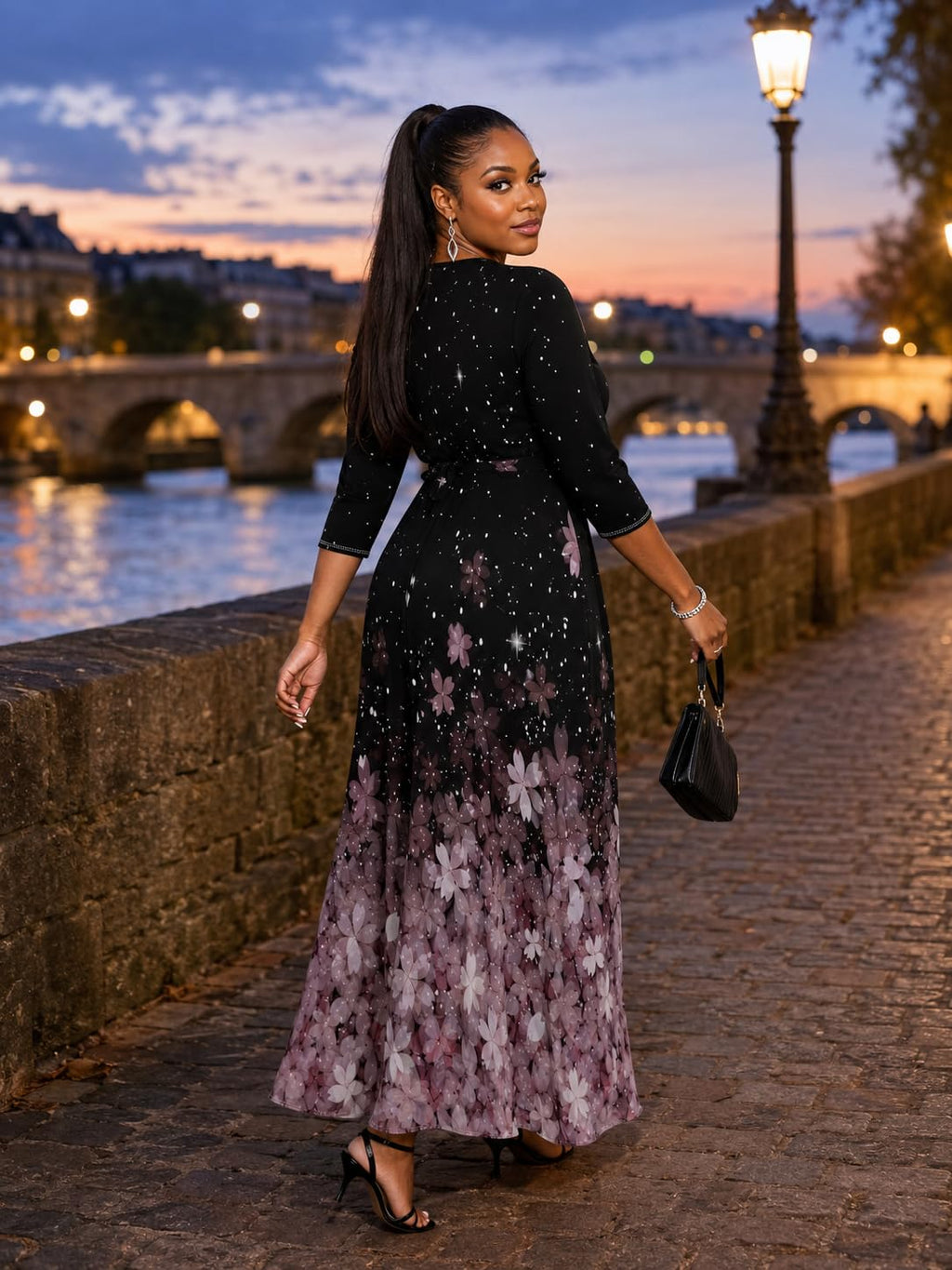 PinkPatty Women's Floral Print Maxi Dress 3/4 Sleeve V-Neck Casual Loose Wrap Tie Waist Long Dress XX-Large
