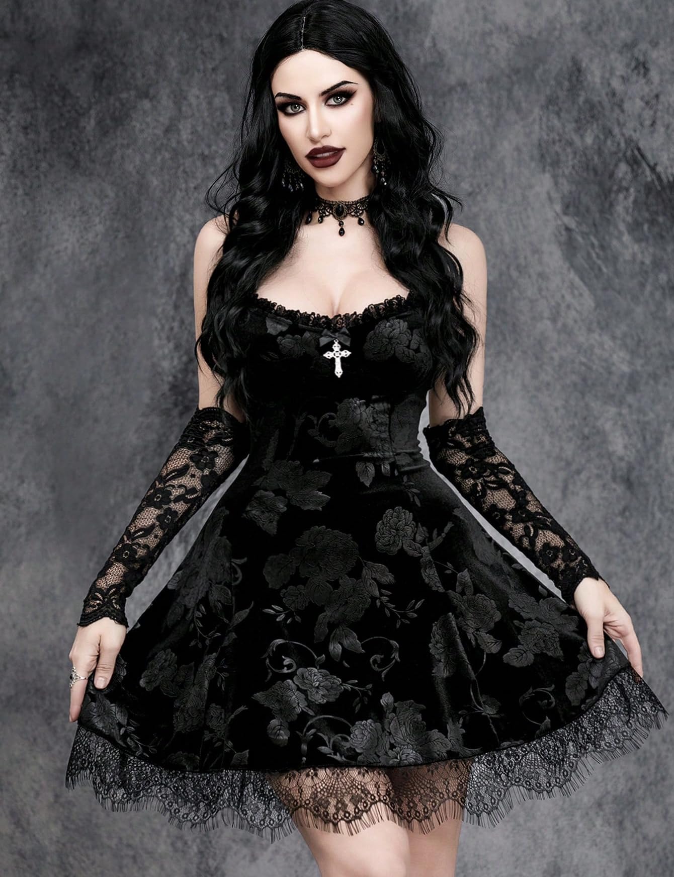InGoticos Women Gothic Sexy Mini Lace Patchwork Cross Velvet Slip Goth Dress Without Choker for Halloween Black