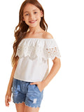 WDIRARA Girl's Off The Shoulder Ruffle Trim Lace Short Sleeve Blouse Top White 11-12Y