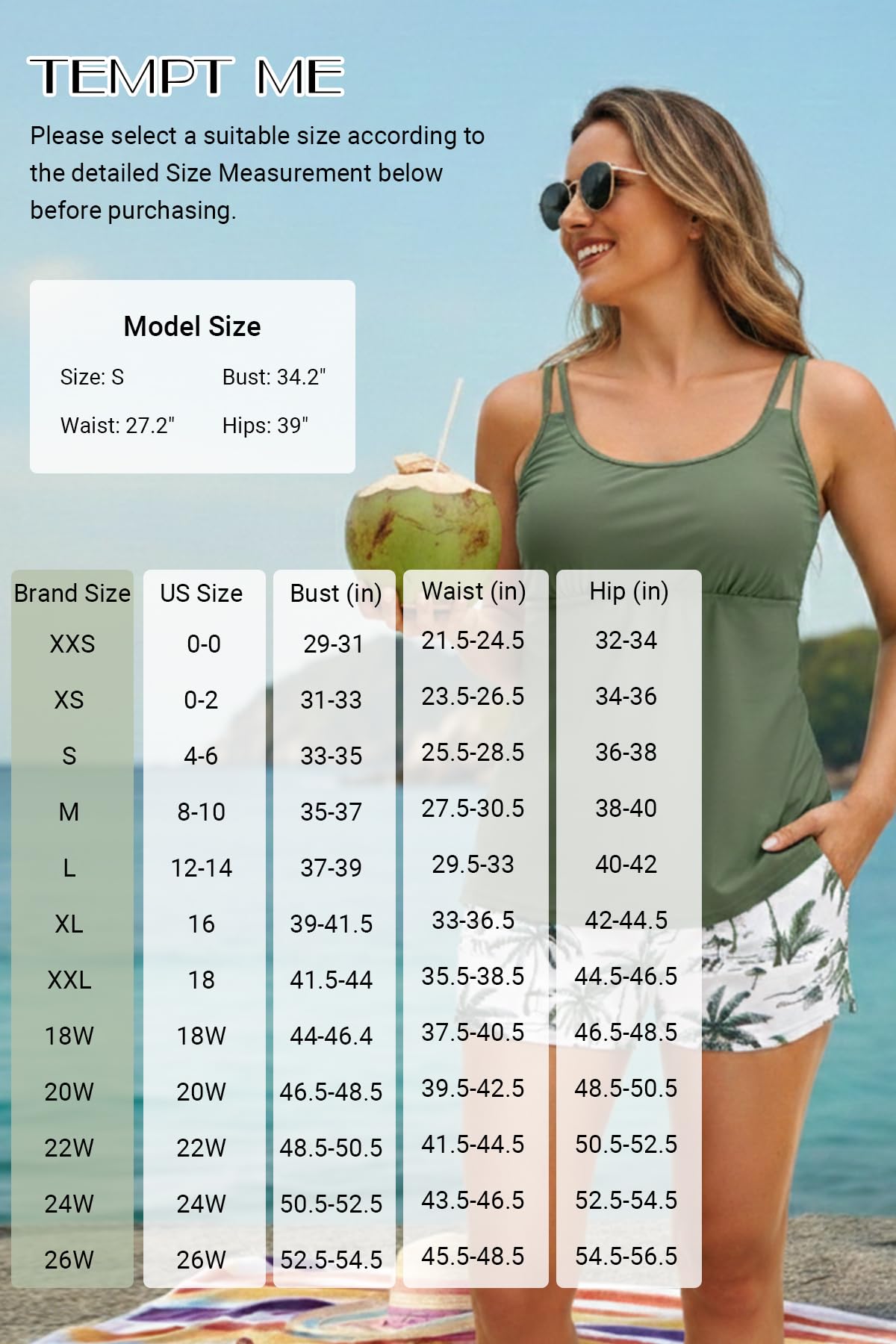 Tempt Me Green Leaves Two Piece Tankini Swimsuits for Women Tummy Control Bathing Suit with Shorts Athletic Swimwear M