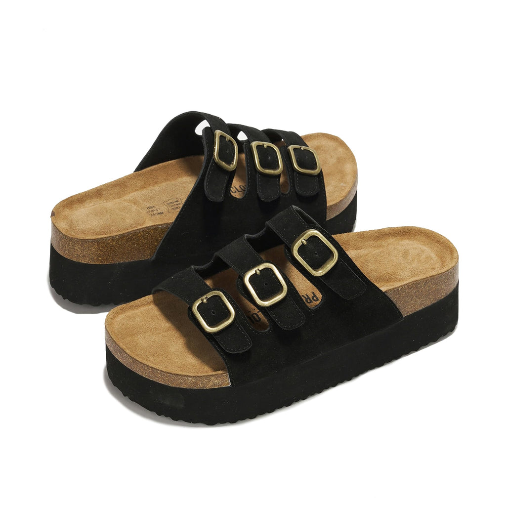 Project Cloud 100% Genuine Leather Platform Sandals Women Footwear - Comfortable Womens Slides Memory Foam Insole - Non Slip Water-Resistant 3-Strap Wedge Sandals for Women 2026 (Dyan, Black, 7)