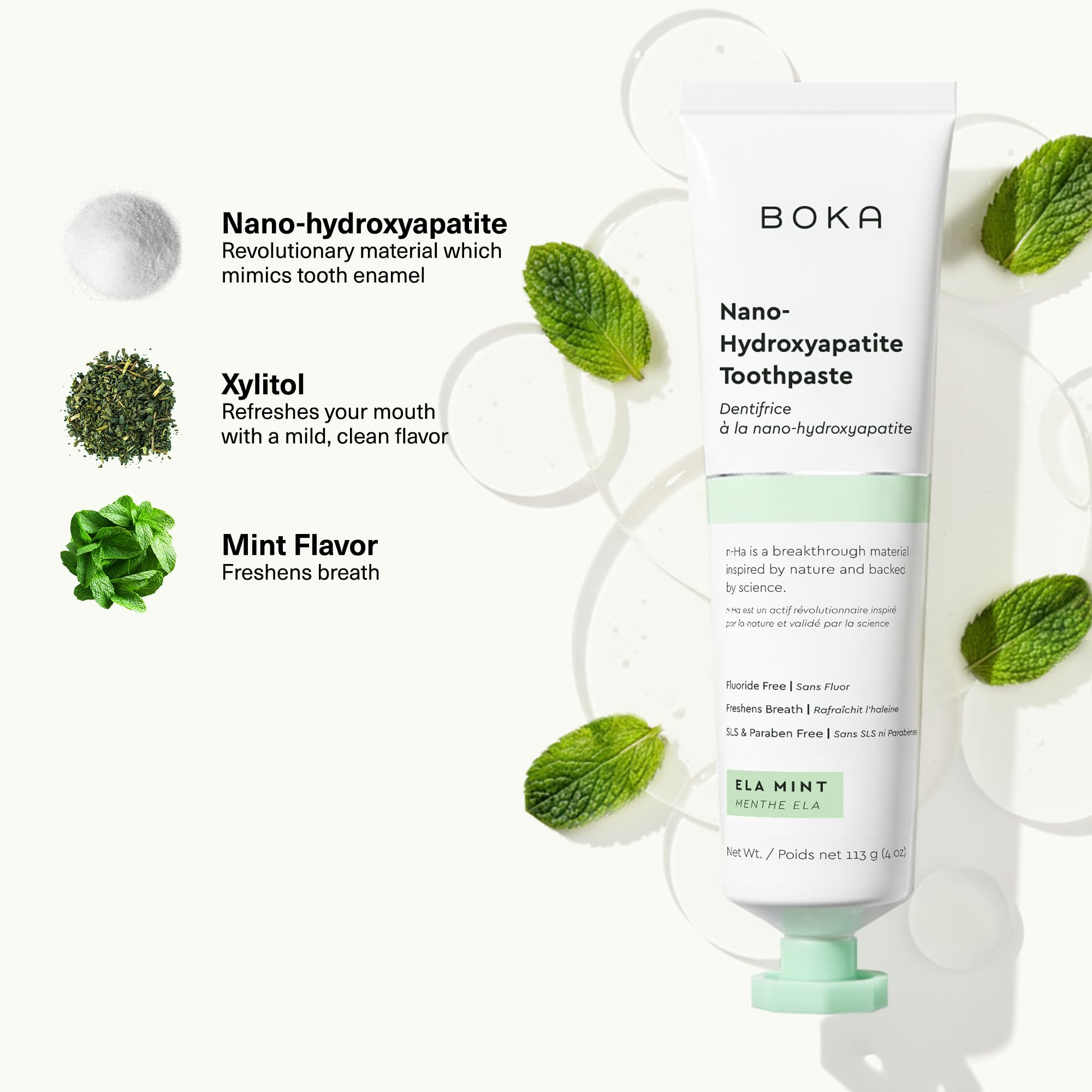 Boka Fluoride Free Toothpaste, Nano Hydroxyapatite Toothpaste, Appropriate for Sensitive Teeth - for Adult, Kids Oral Care - Ela Mint Flavor, 4 Fl Oz 1Pk US Manufactured