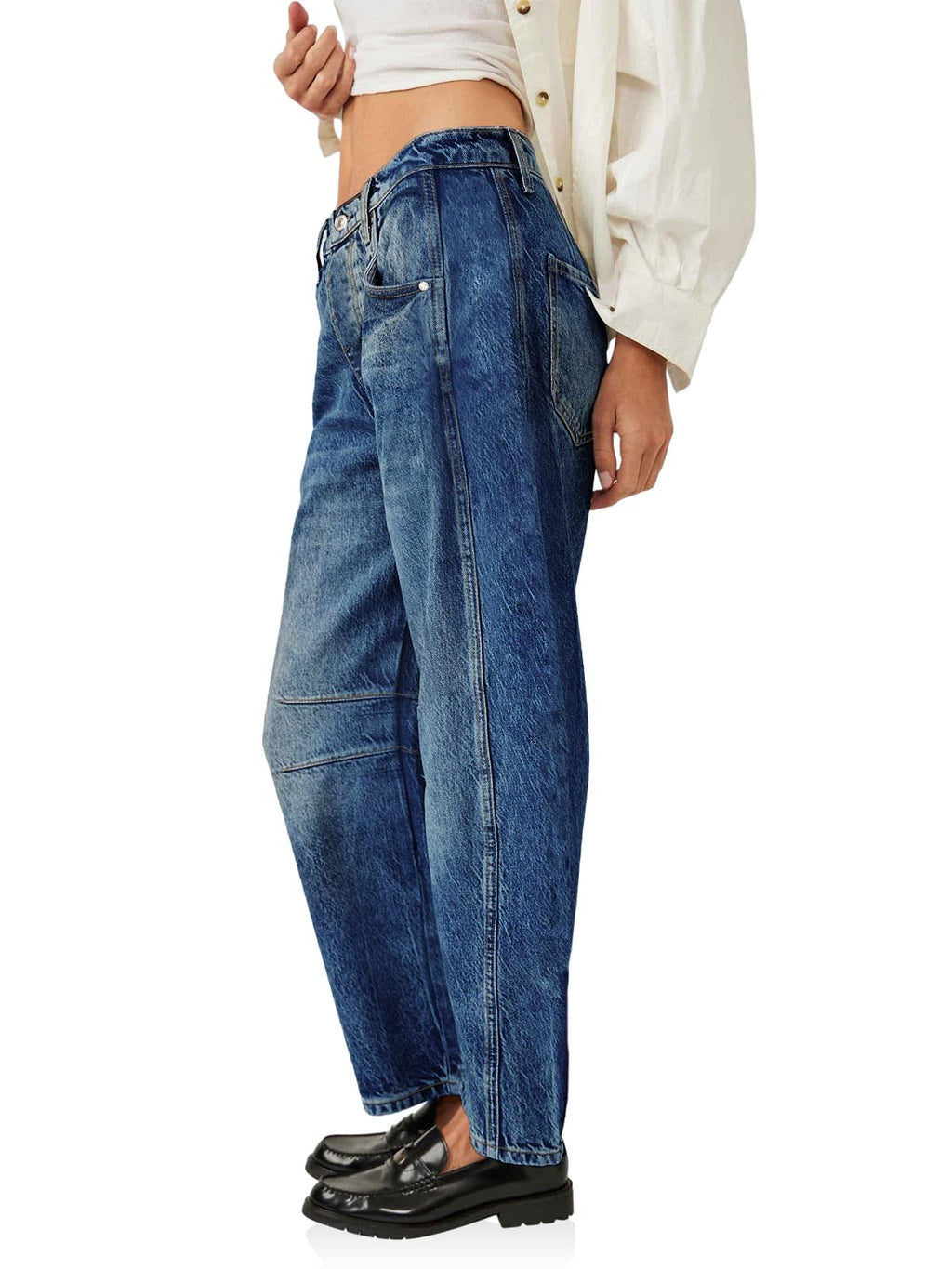 PLNOTME Women's Baggy Boyfriend Jeans Vintage Wide Leg Mid Rise Barrel Denim Ankle Pants