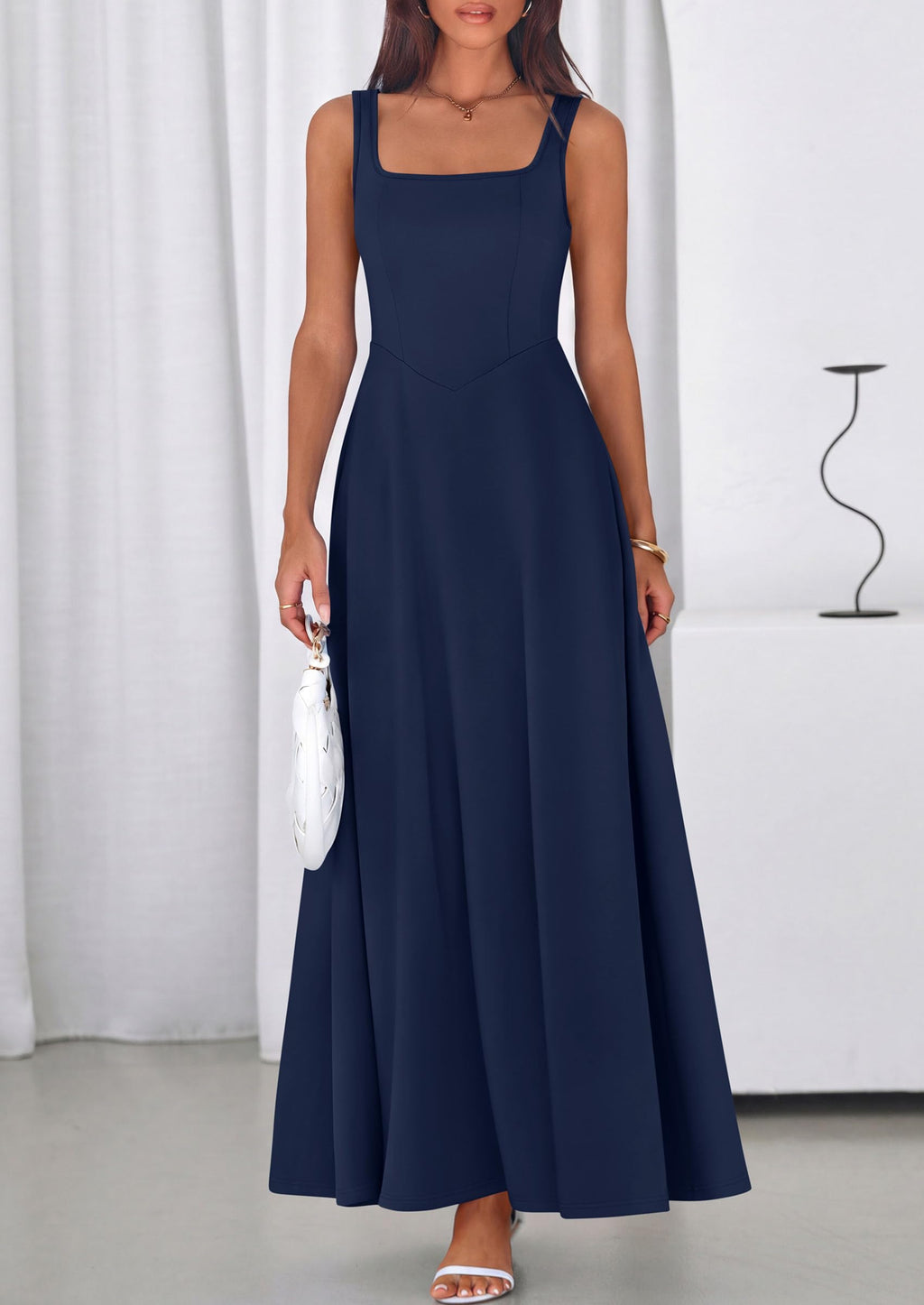 PRETTYGARDEN Womens Summer Dresses 2026 Sleeveless Elegant Square Neck Aline Swing Maxi Beach Wedding Guest Dress Pockets (Navy,Medium)