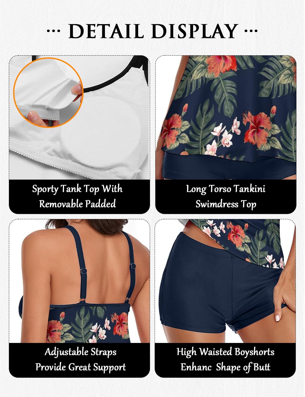 Stylish Swim Suits for Women Slimming Tankini Set Adjustable Straps 2 Piece Swimwear Tropical Hawaii Beach Pool Party Photoshoot Flattering Hides Belly Perfect for Vacation Tropical Navy L