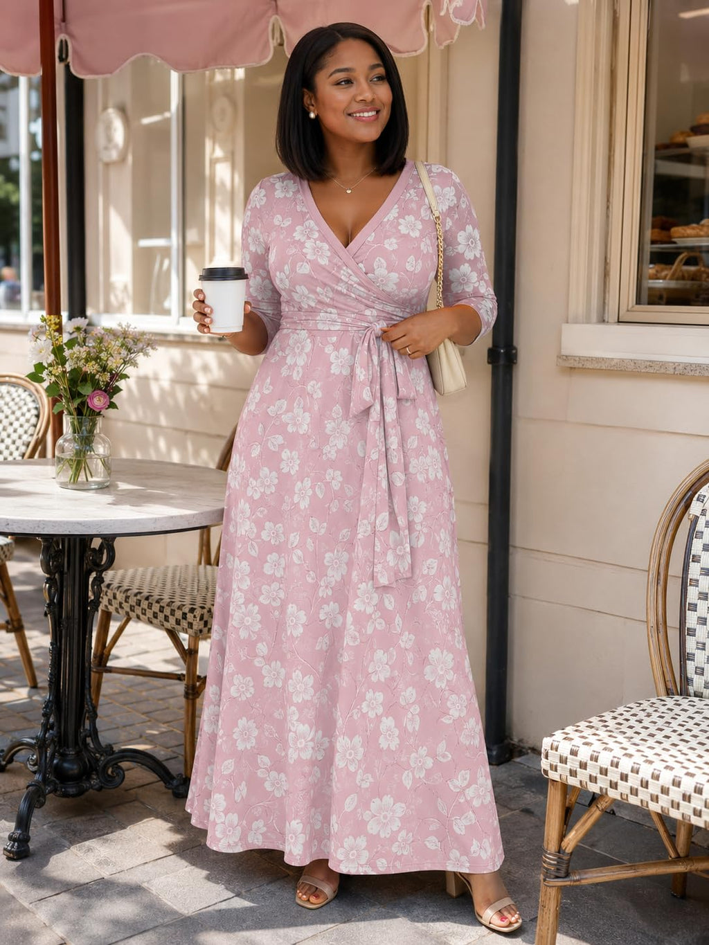 PinkPatty Plus Size Maxi Dress for Women Casual V Neck 3/4 Sleeve Boho Printed Long Dress with Pockets (Floral1 2XL)