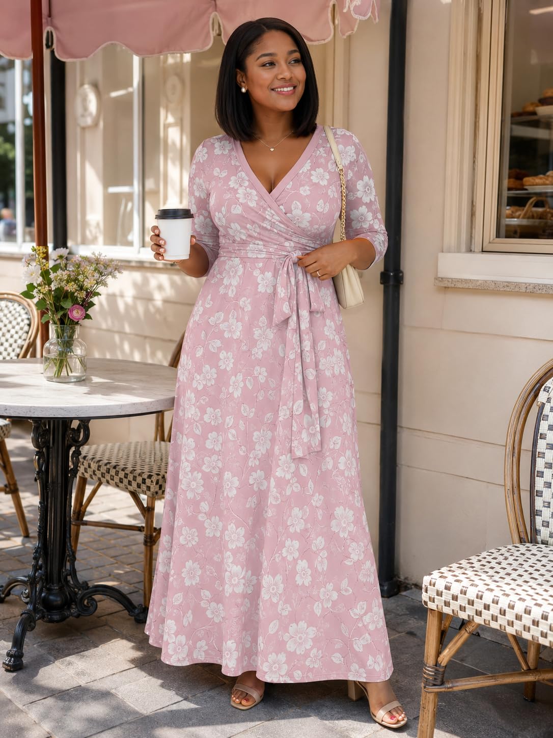 PinkPatty Plus Size Maxi Dress for Women Casual V Neck 3/4 Sleeve Boho Printed Long Dress with Pockets (Floral1 2XL)