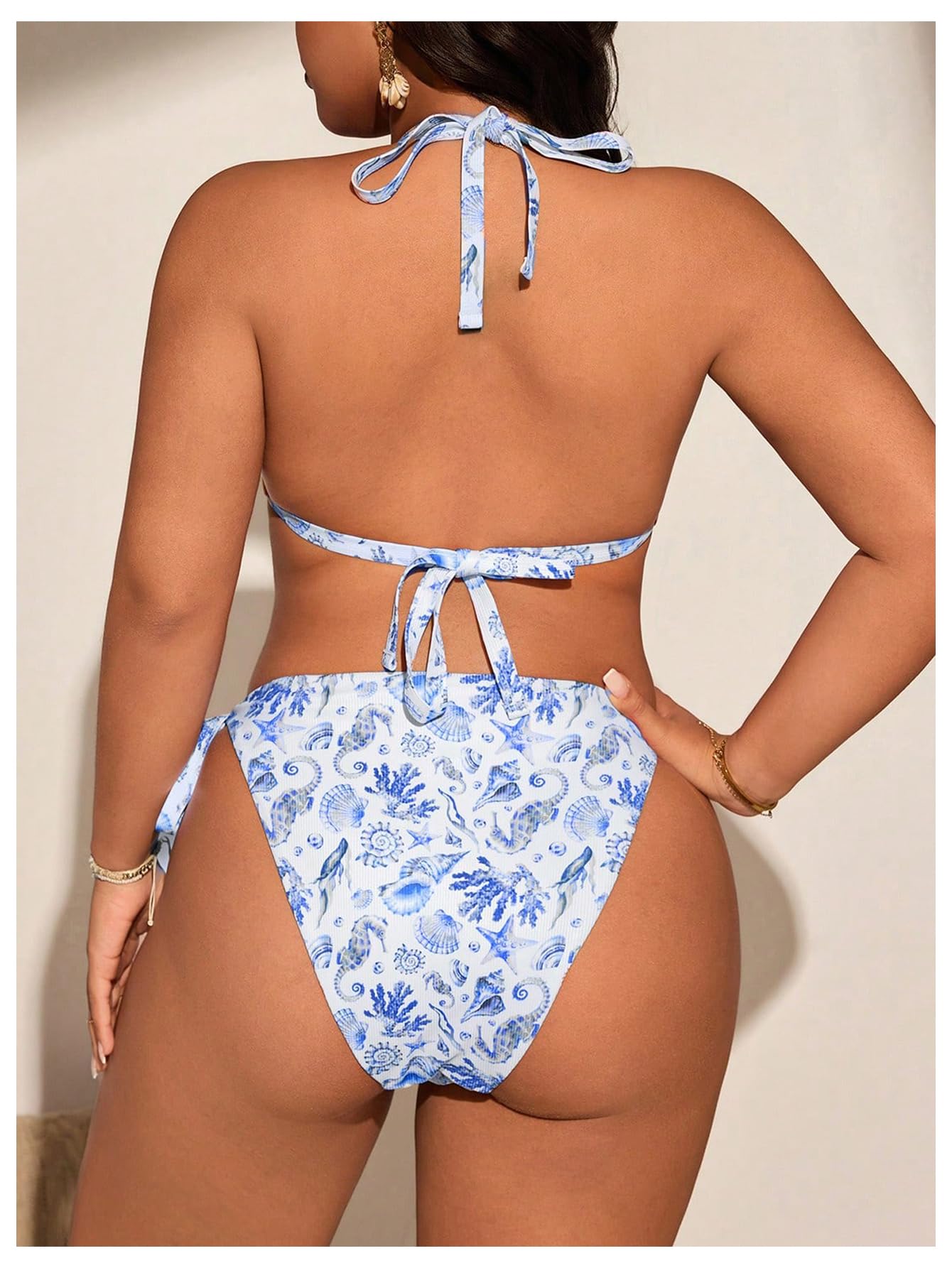 WDIRARA Women's Plus Size 2 Piece Swimsuit Starfish Print Halter String Bikini Set Tie Side Bathing Suits Blue and White XX-Large Plus