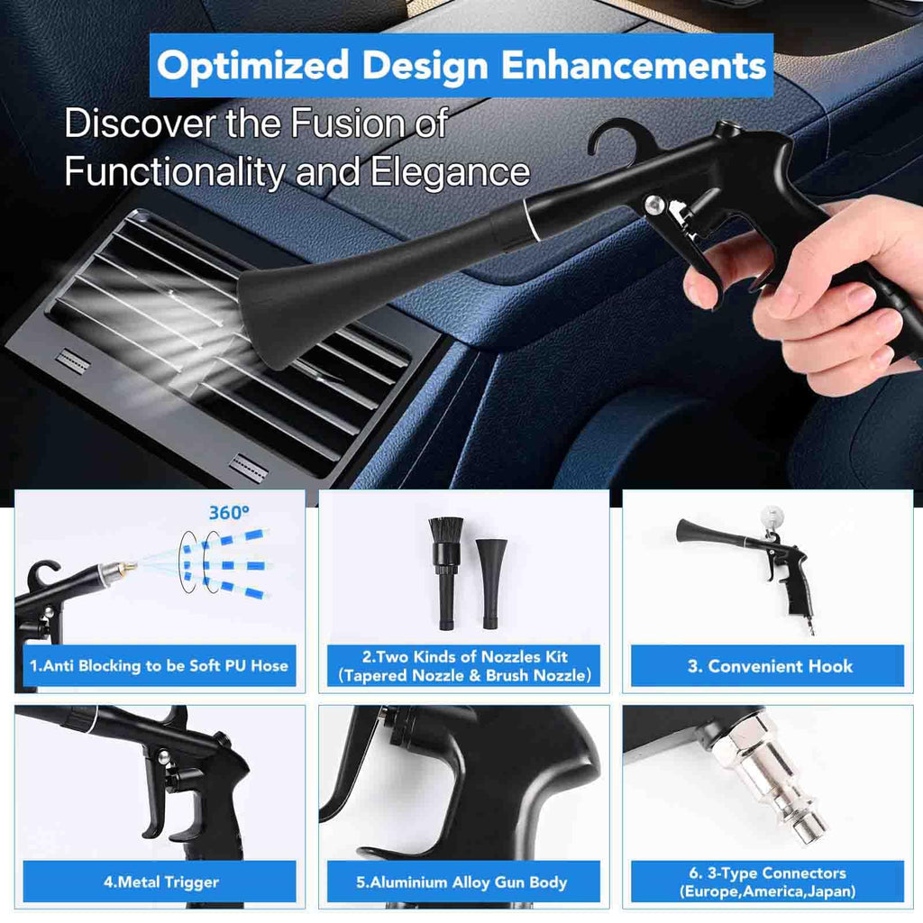 Car Cleaning Gun,High Pressure Air Blow Gun,Fast Interior Dryer Car Detailing Kit,Car Detailing Tools for Quickly Blowing Dust and Dirt Away Working with Compressed Air(2 MORE REPLACEMENT BRUSH HEADS)