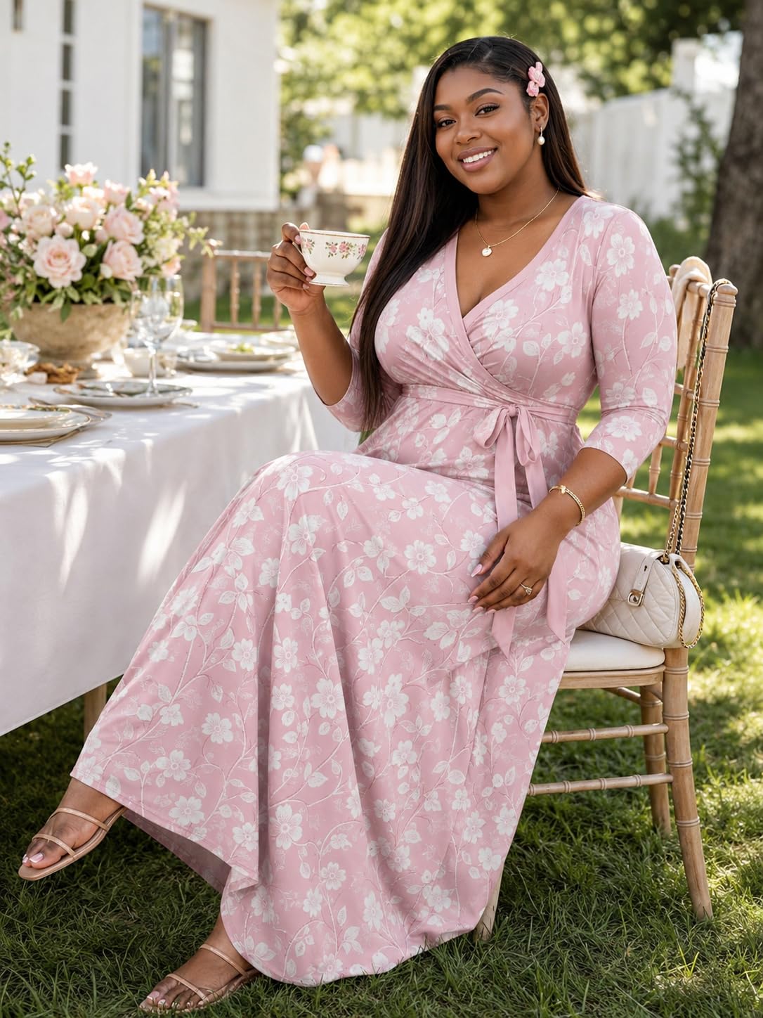 PinkPatty Plus Size Maxi Dress for Women Casual V Neck 3/4 Sleeve Boho Printed Long Dress with Pockets (Floral1 2XL)