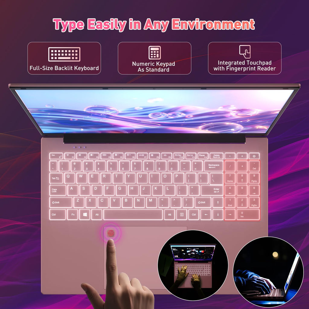 Auusda 16" FHD Traditional Laptop Computers, i3 Processor, WiFi 6 Bluetooth 5.3, Laptops Notebook for Home Office Study, Type-C, Backlit Keyboard, Fingerprint Unlock, Win11 Pro 16GB RAM 1TB SSD Pink