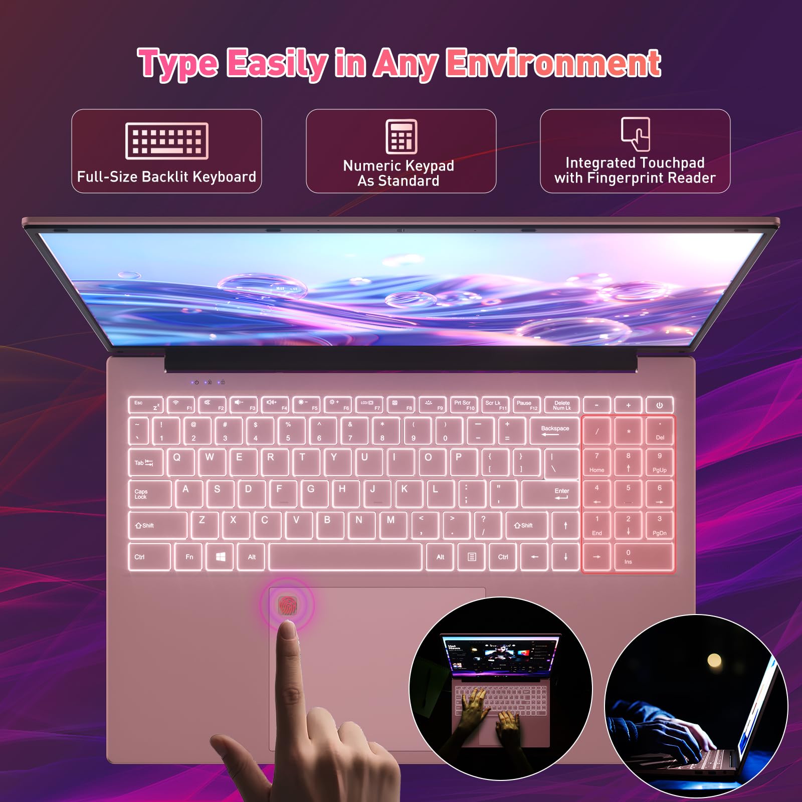 Auusda 16" FHD Traditional Laptop Computers, i3 Processor, WiFi 6 Bluetooth 5.3, Laptops Notebook for Home Office Study, Type-C, Backlit Keyboard, Fingerprint Unlock, Win11 Pro 16GB RAM 1TB SSD Pink